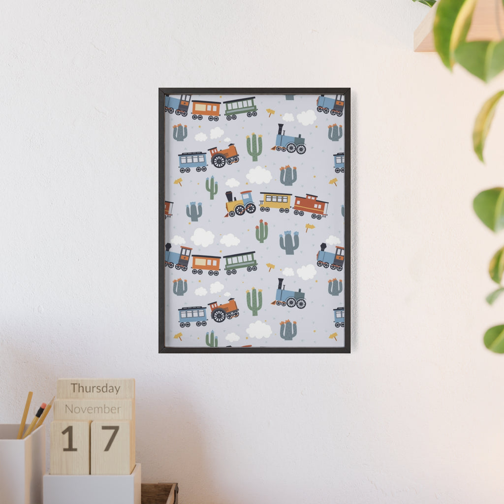 Kids' Train Poster with Wooden Frame — Nursery Wall Art, Playroom Decor