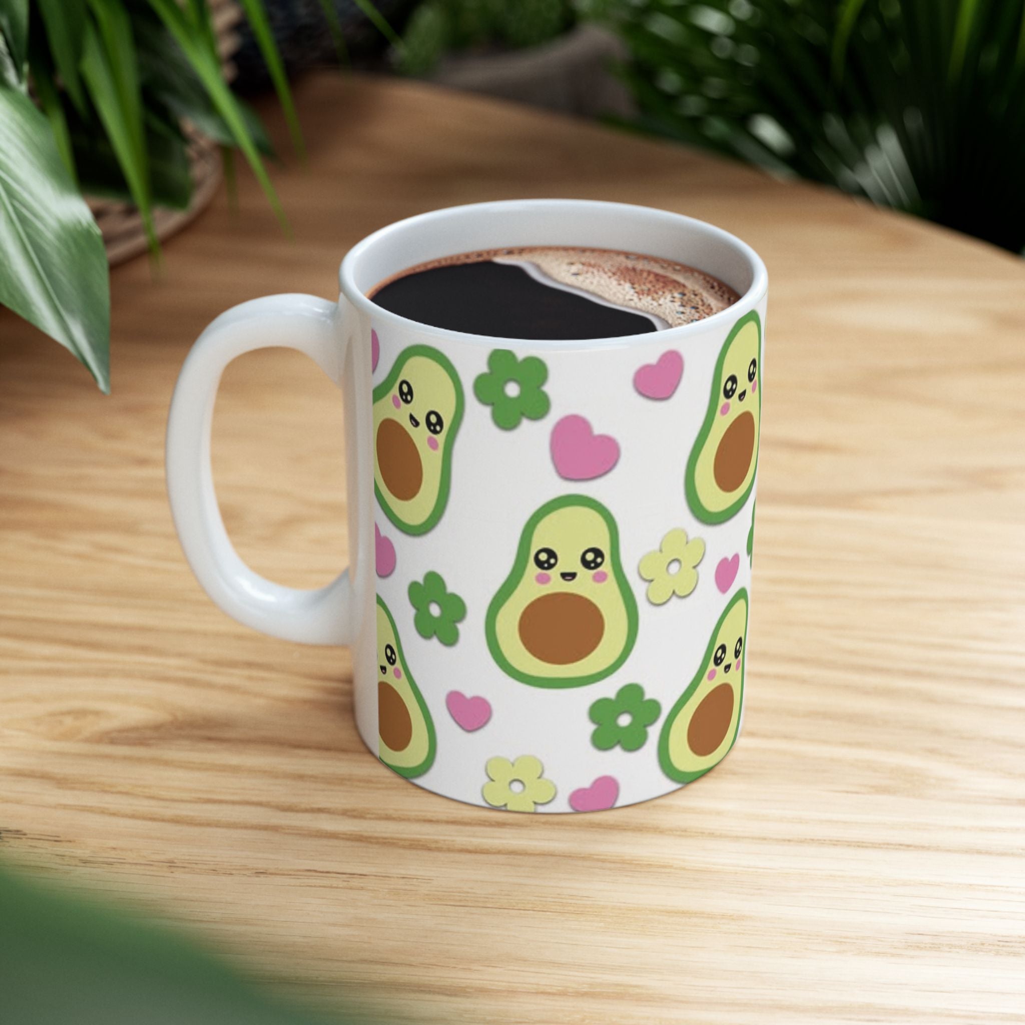 Avocado Pattern Ceramic Mug — Cute Kawaii Avocado Hearts & Flowers Coffee Cup (11oz/15oz)