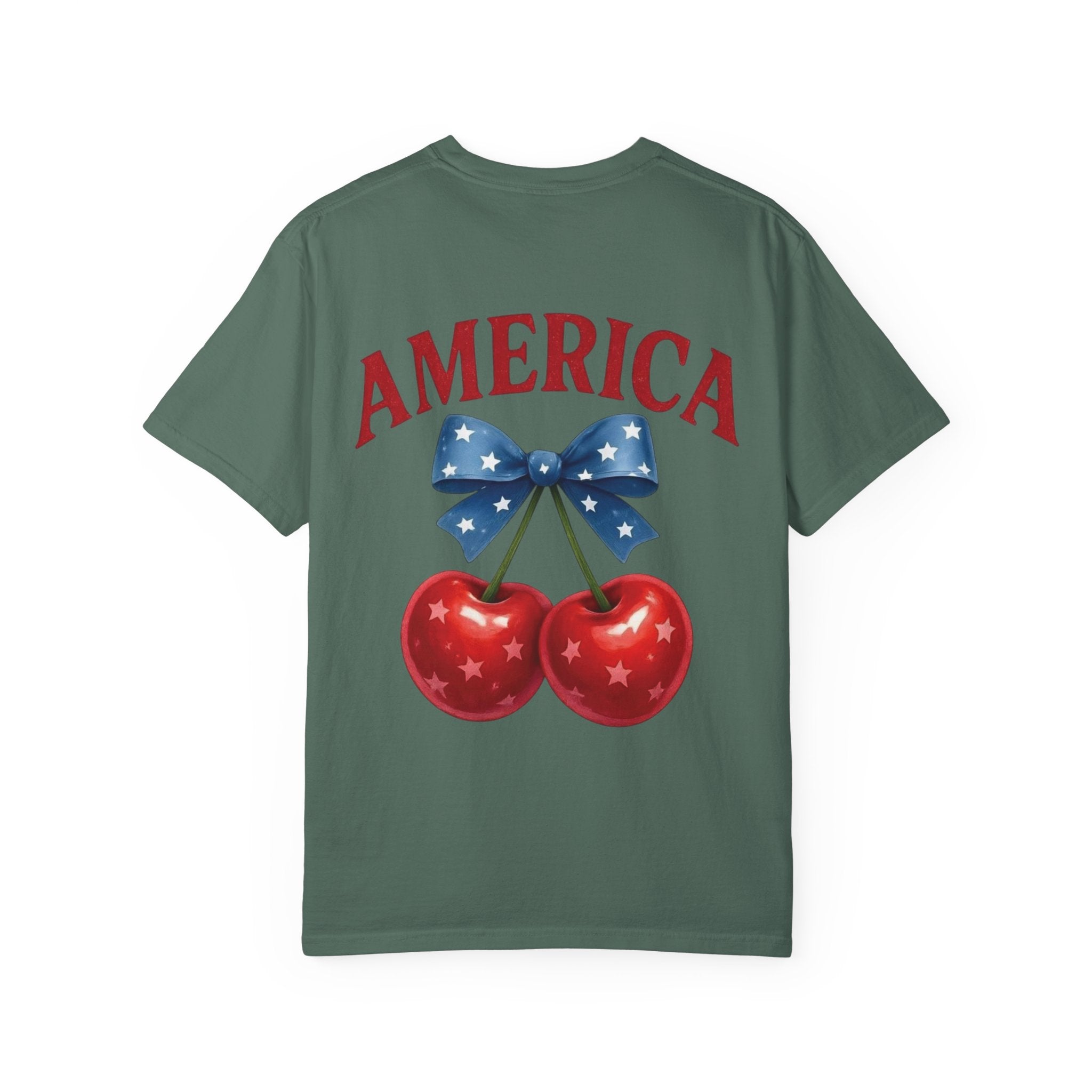America Cherry Bow T-shirt | Patriotic Stars & Stripes Cherry Design