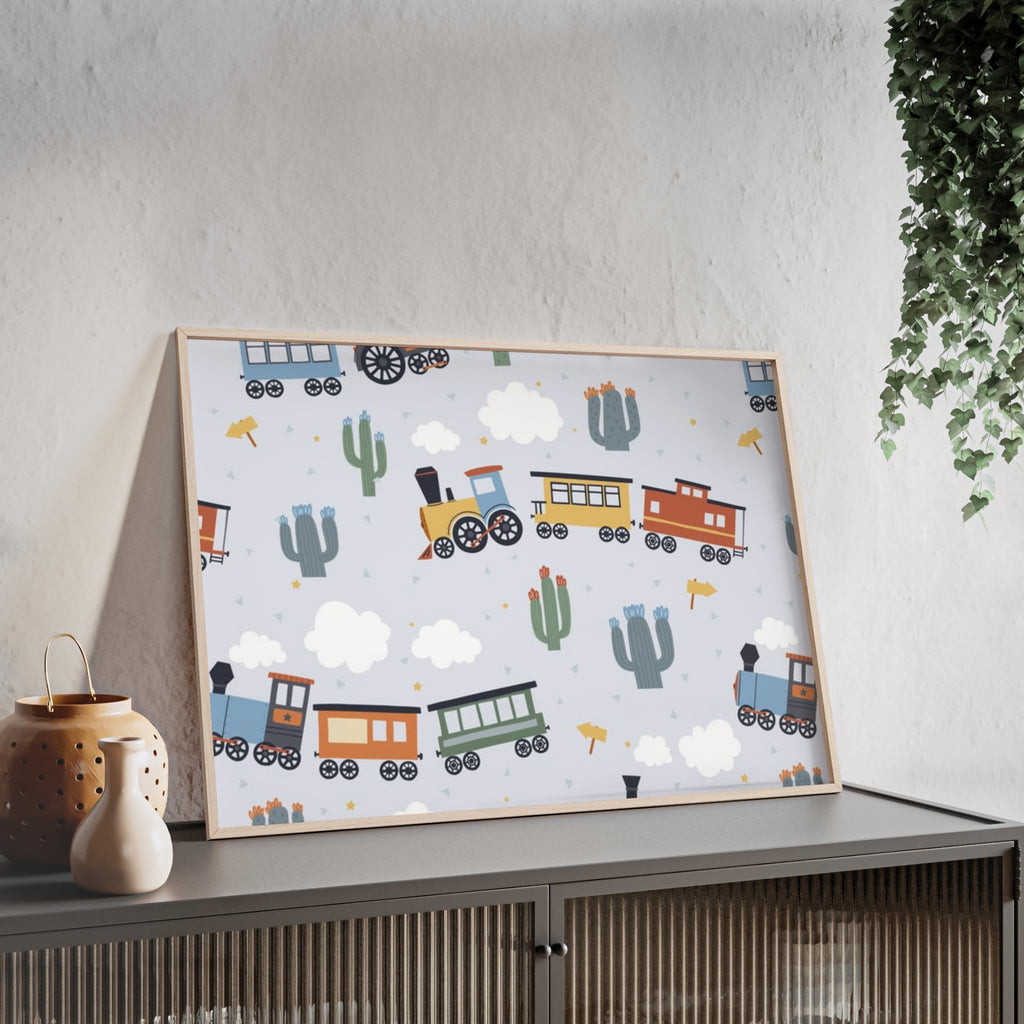 Kids' Train Poster with Wooden Frame — Nursery Wall Art, Playroom Decor