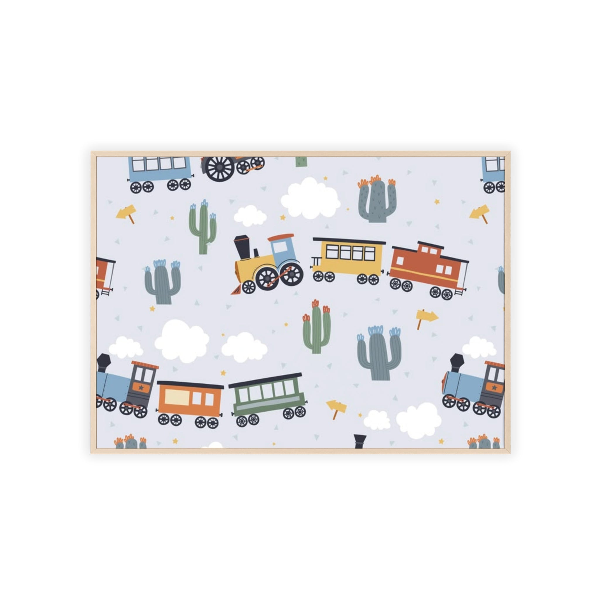Kids' Train Poster with Wooden Frame — Nursery Wall Art, Playroom Decor