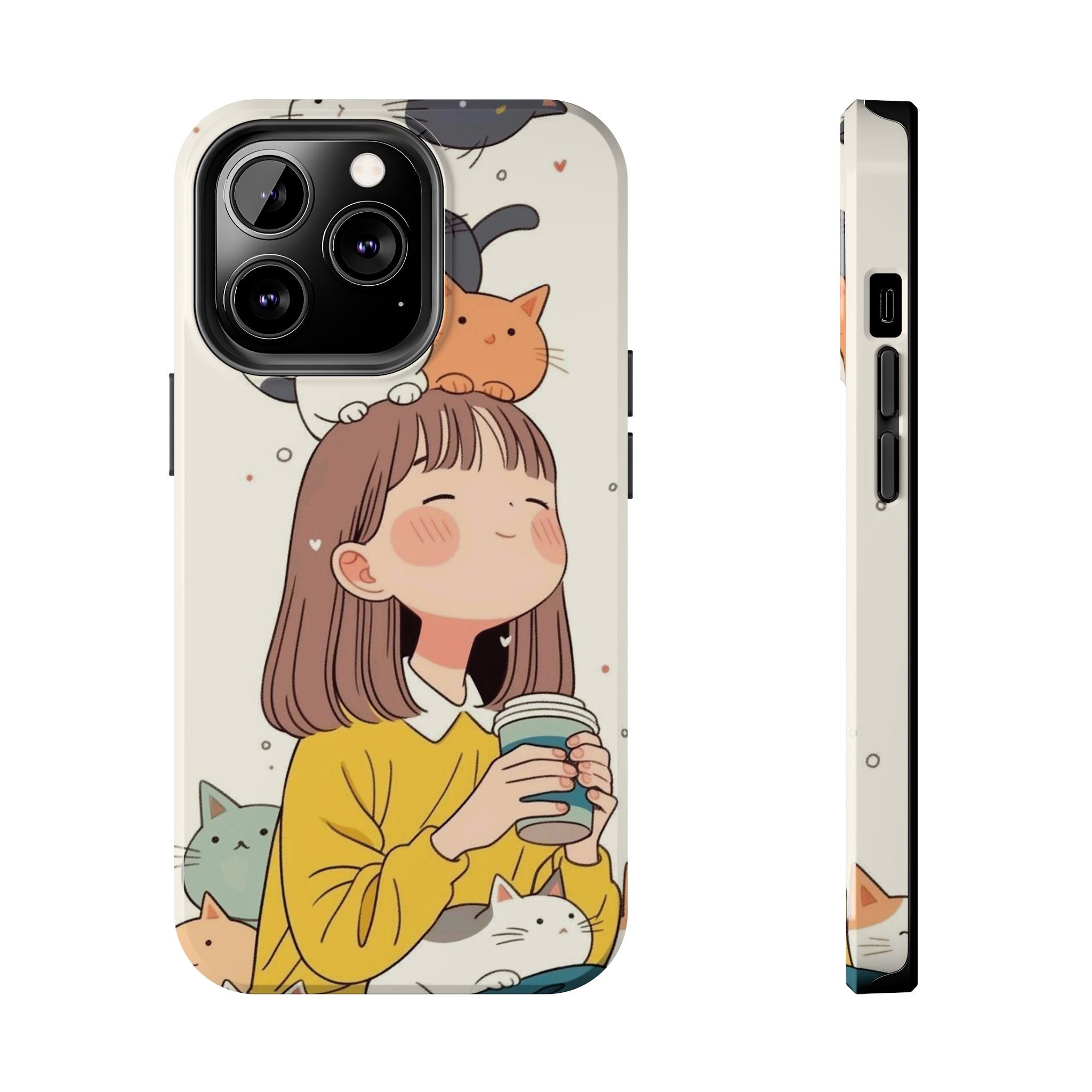 Girl with Cats Phone Case | Cute Cat Stack Illustration