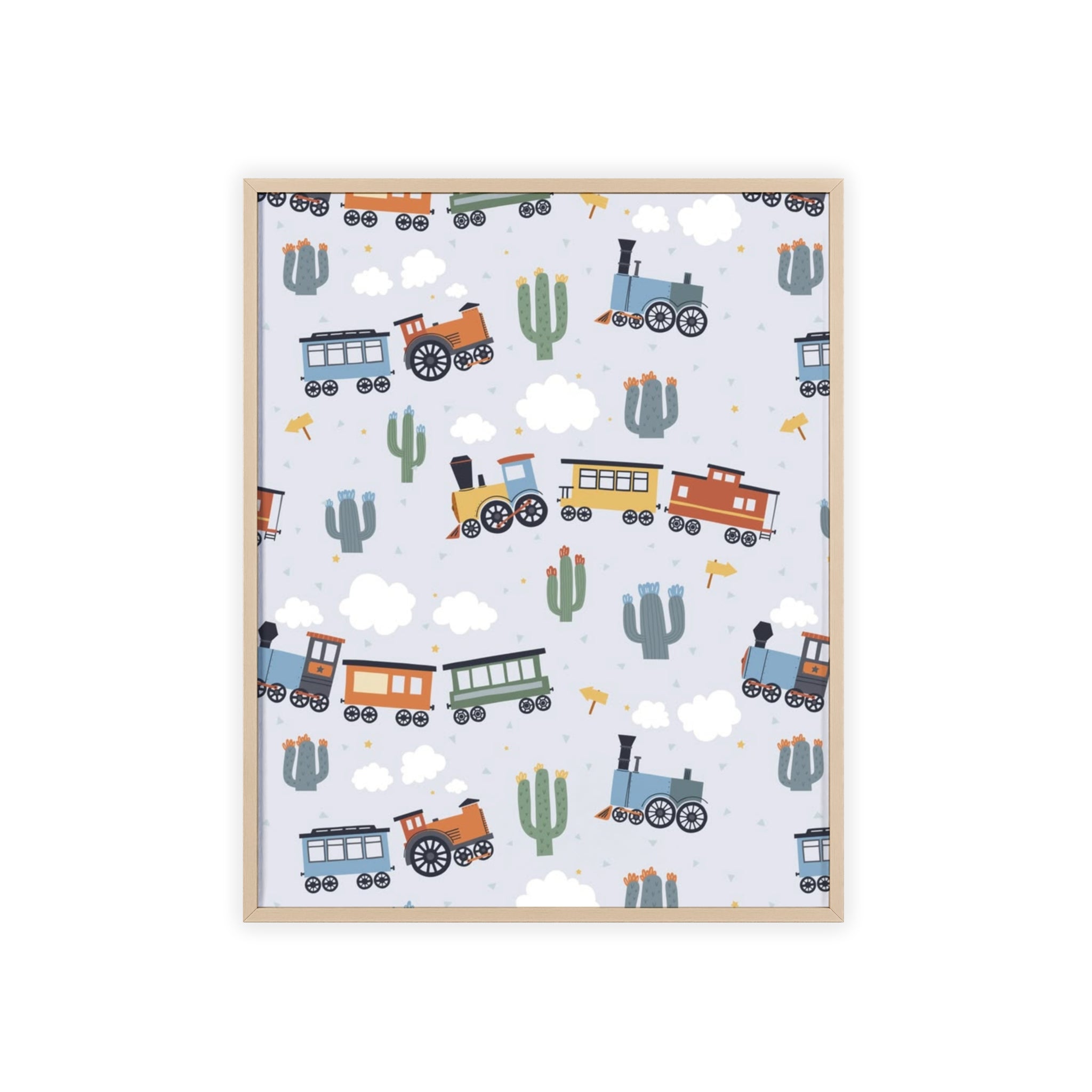 Kids' Train Poster with Wooden Frame — Nursery Wall Art, Playroom Decor