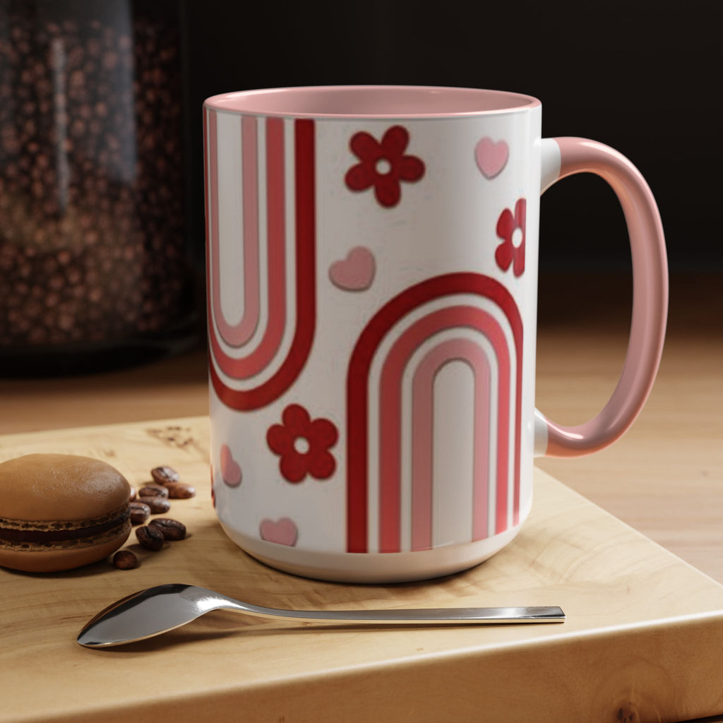 Retro Pink Rainbow Hearts and Flowers Accent Mug | 11oz or 15oz