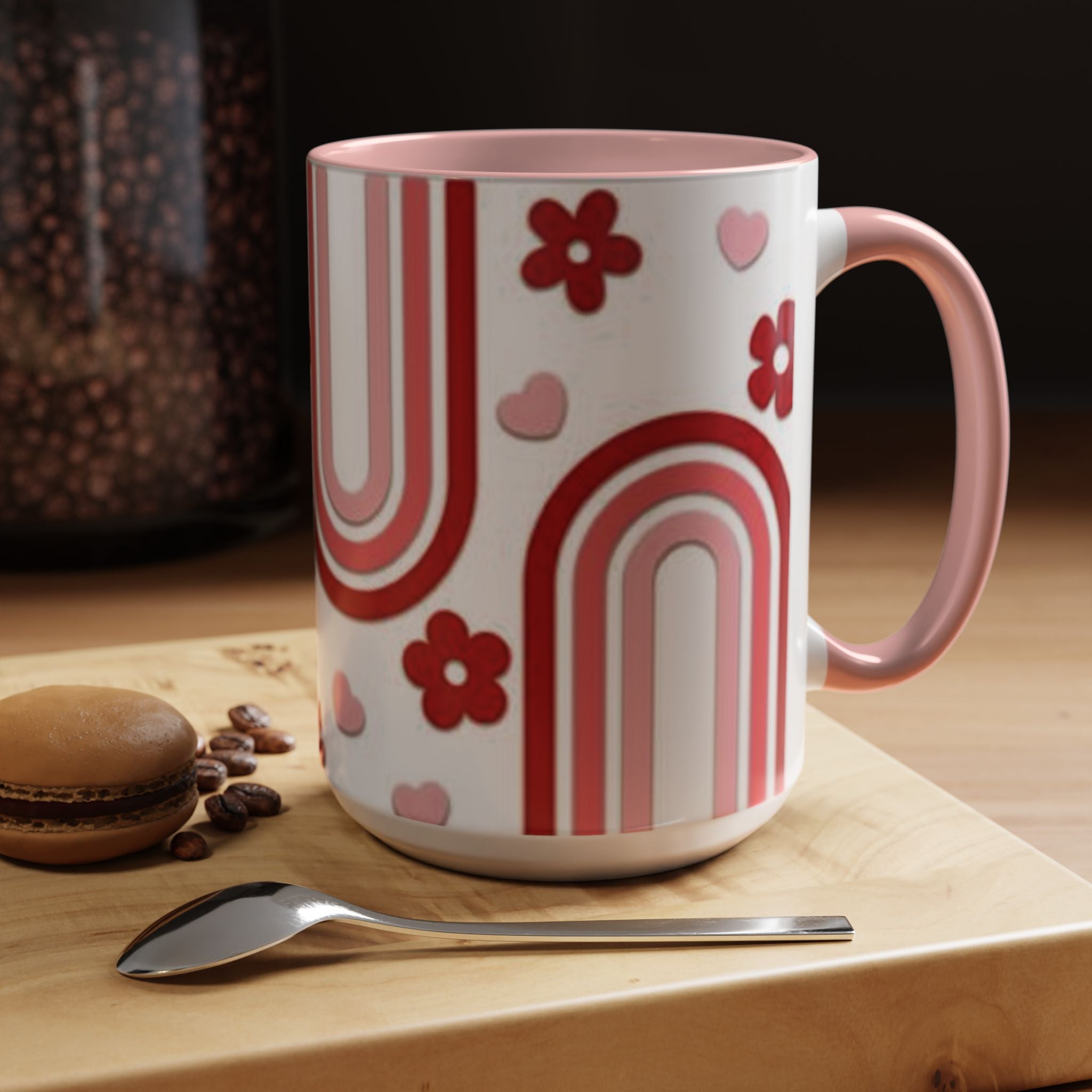 Retro Pink Rainbow Hearts and Flowers Accent Mug | 11oz or 15oz