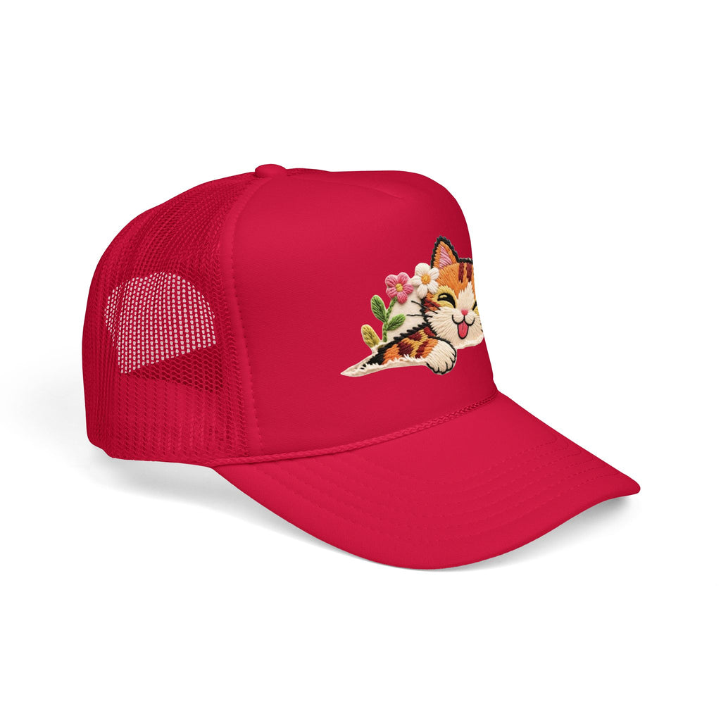 Trucker Hat — Cute Sleeping Calico Cat with Flowers Foam Mesh Cap