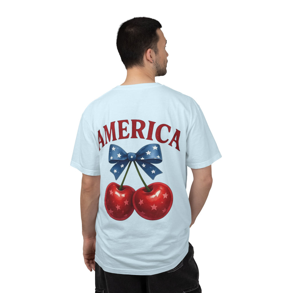 America Cherry Bow T-shirt | Patriotic Stars & Stripes Cherry Design