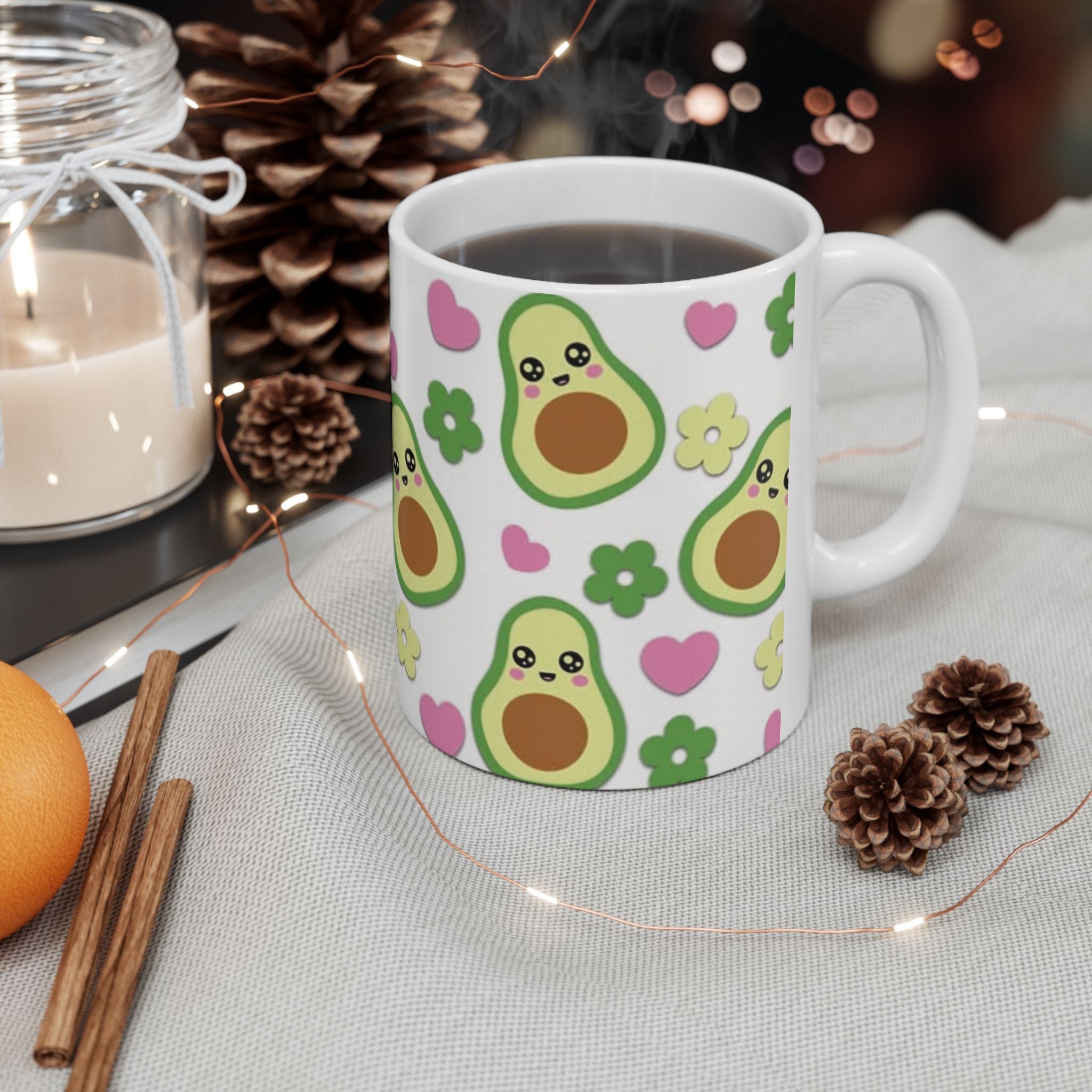 Avocado Pattern Ceramic Mug — Cute Kawaii Avocado Hearts & Flowers Coffee Cup (11oz/15oz)