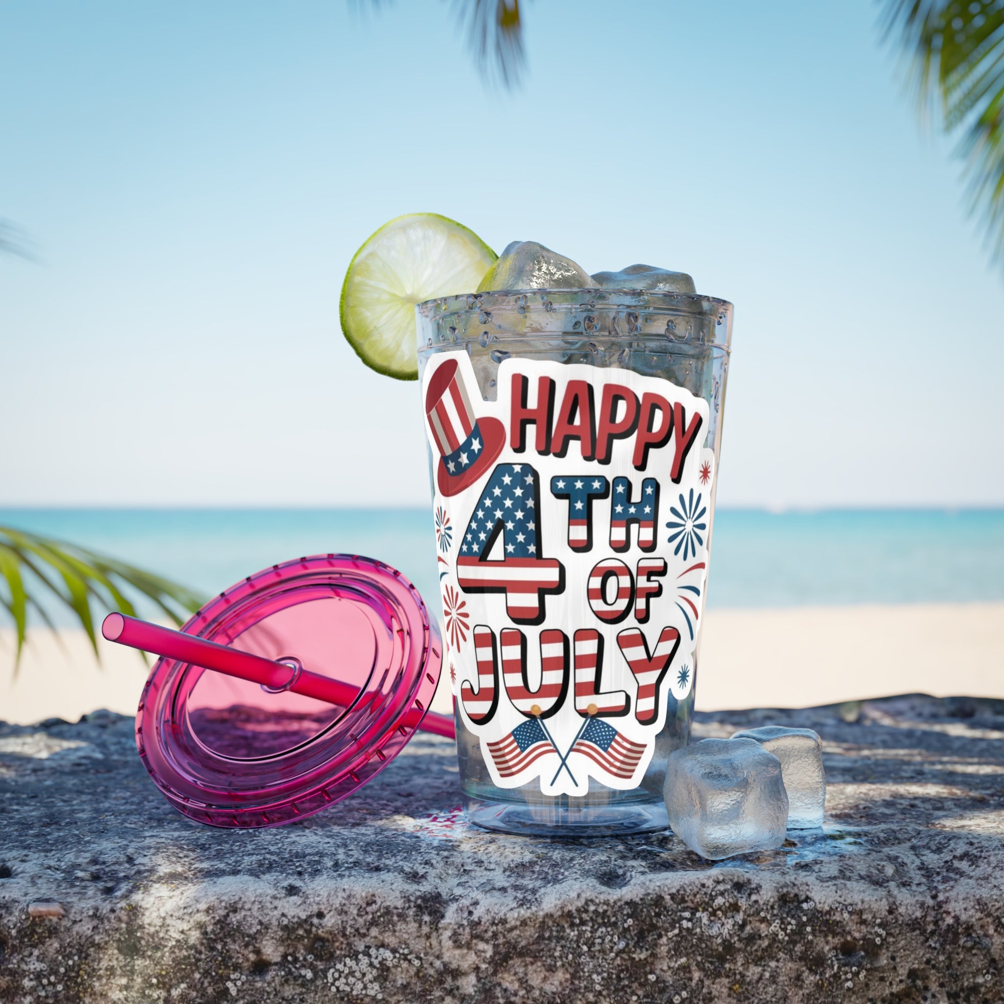 Happy 4th of July Tumbler | 16oz Straw Cup, Patriotic Fireworks Flag Design