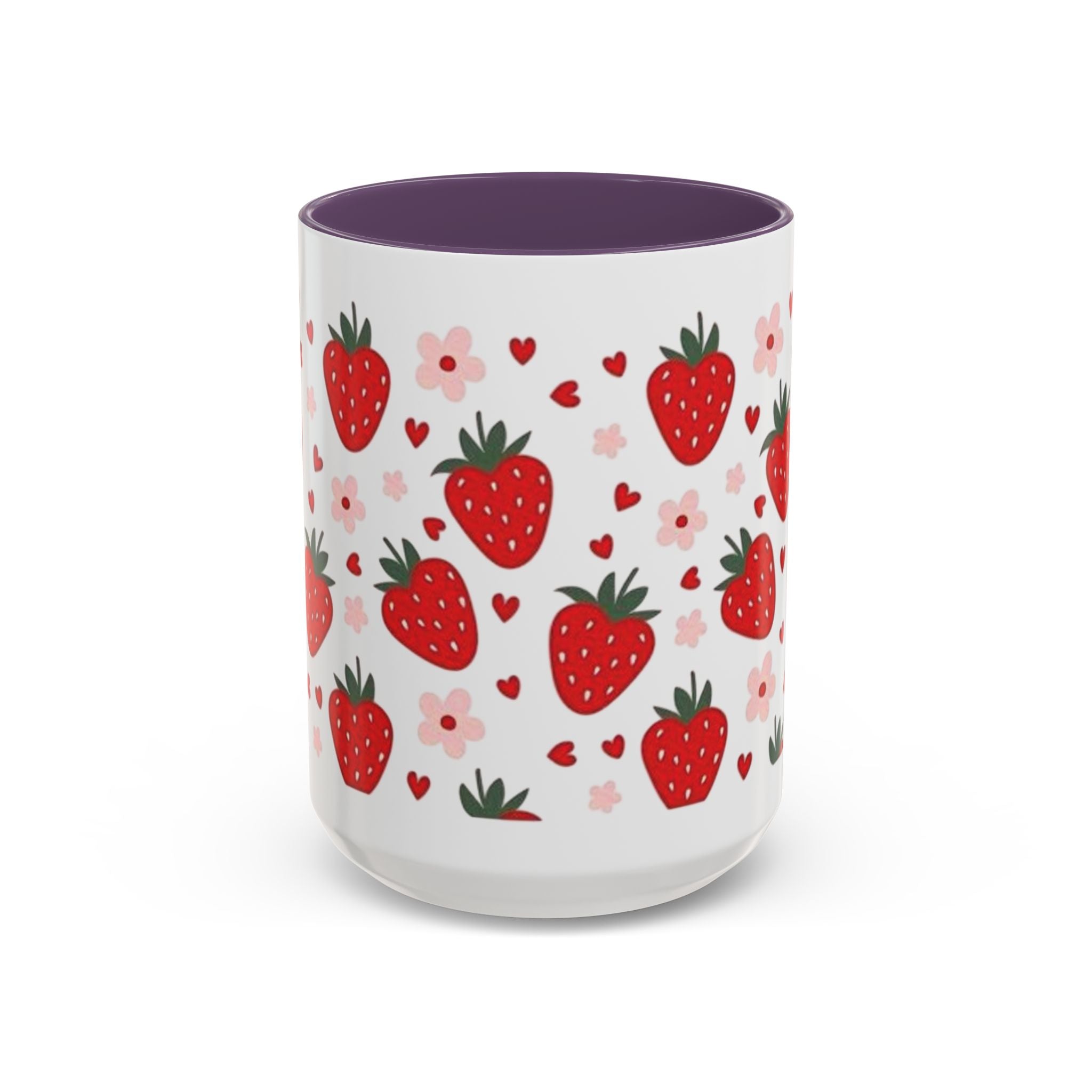 Strawberry Pattern Accent Coffee Mug — Cute Red Berries & Hearts 11/15oz