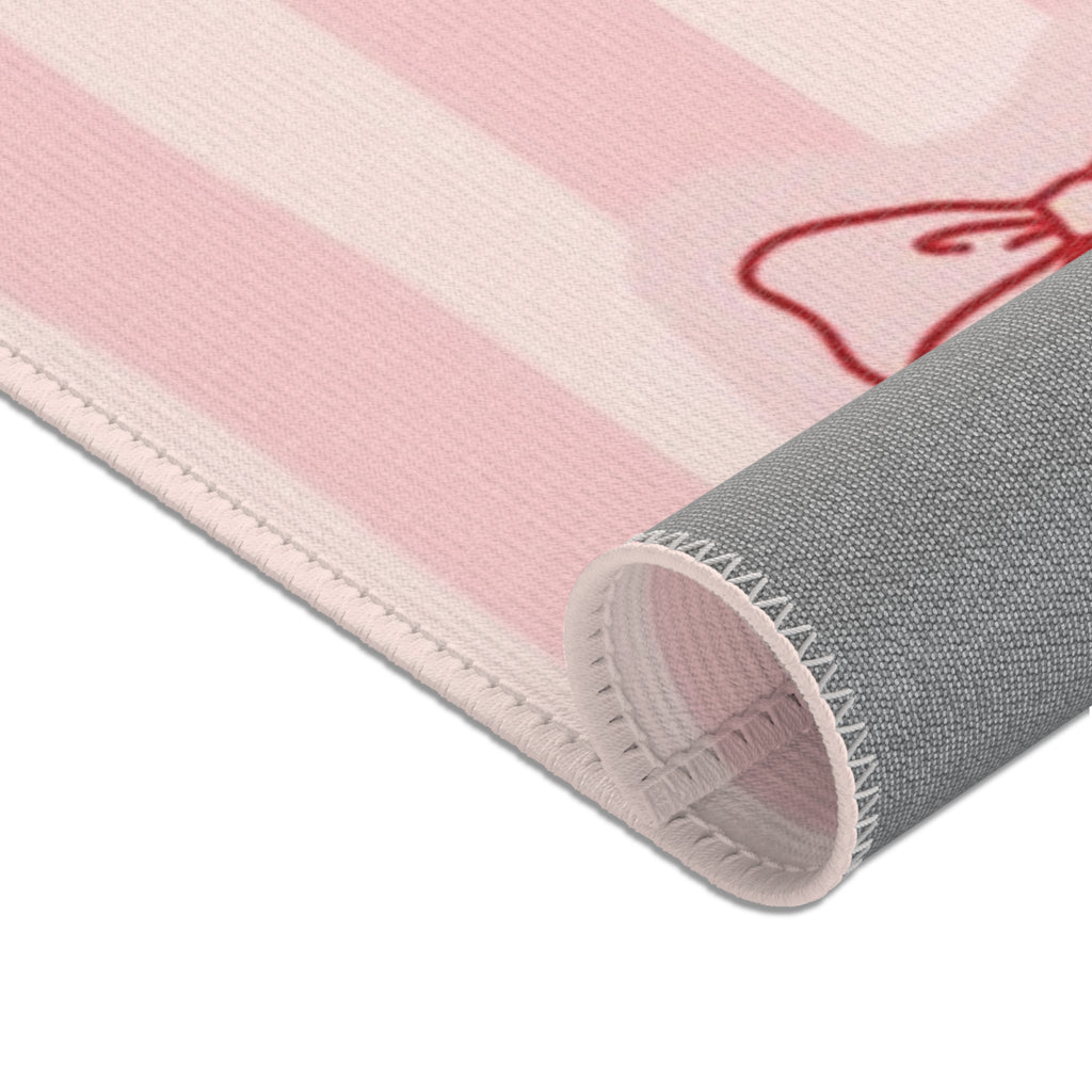 Cherry Bow Area Rug — Pink Striped Cute Kitchen or Nursery Accent Rug