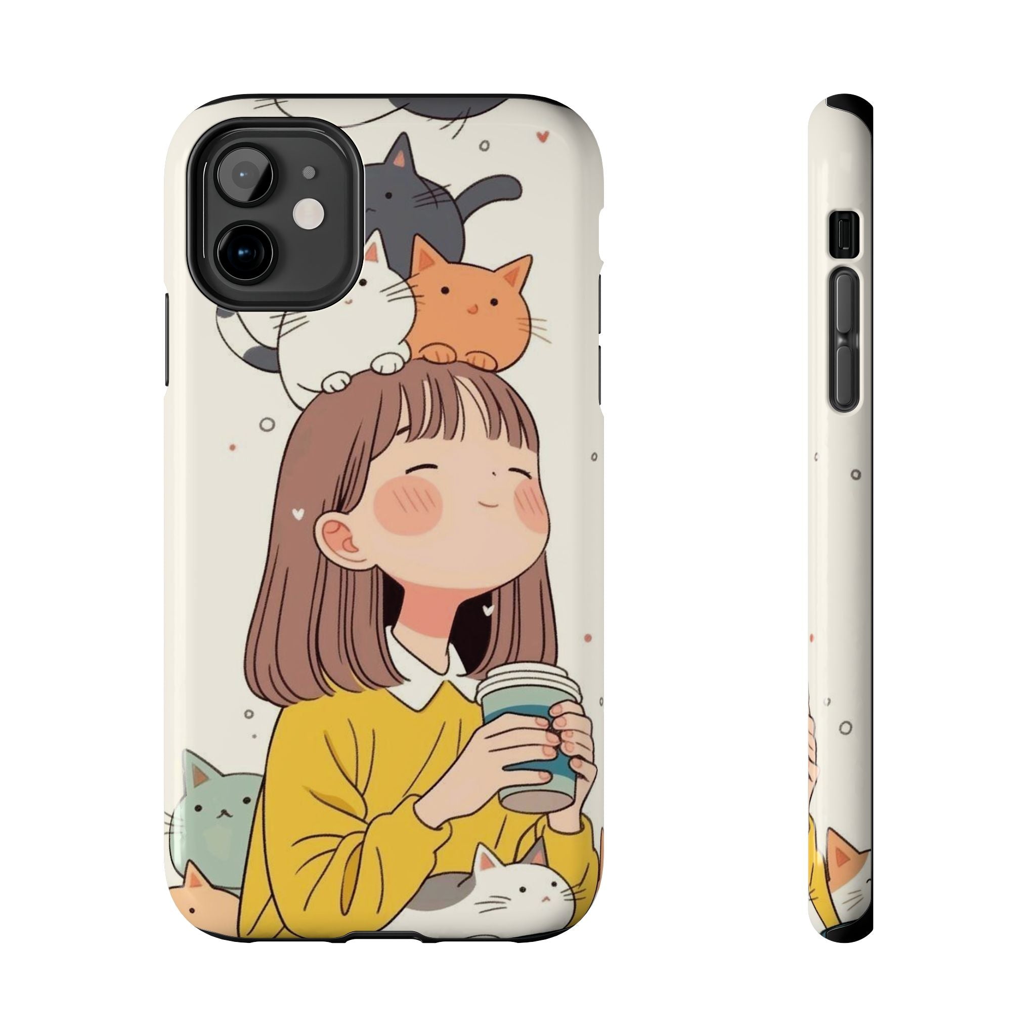 Girl with Cats Phone Case | Cute Cat Stack Illustration