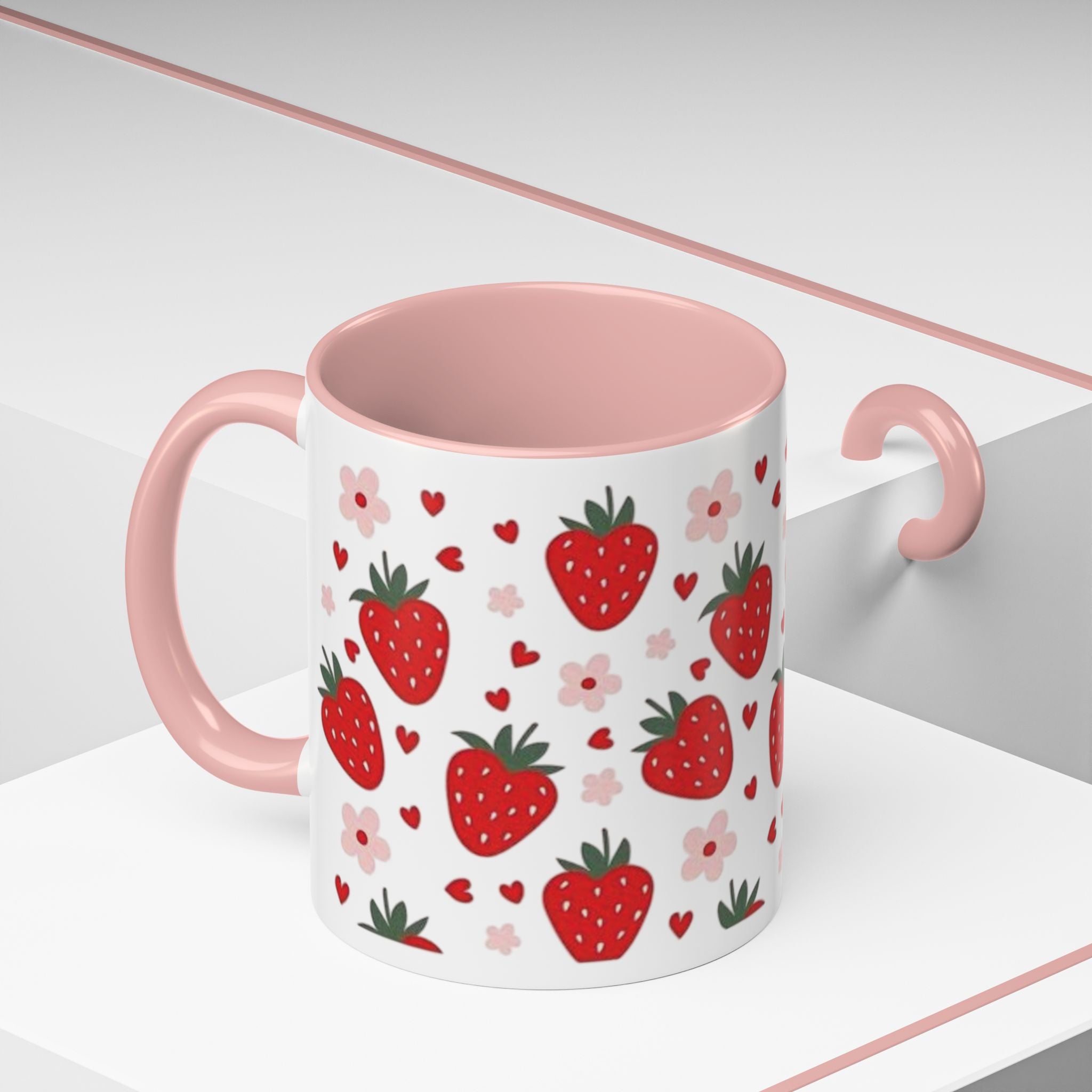 Strawberry Pattern Accent Coffee Mug — Cute Red Berries & Hearts 11/15oz