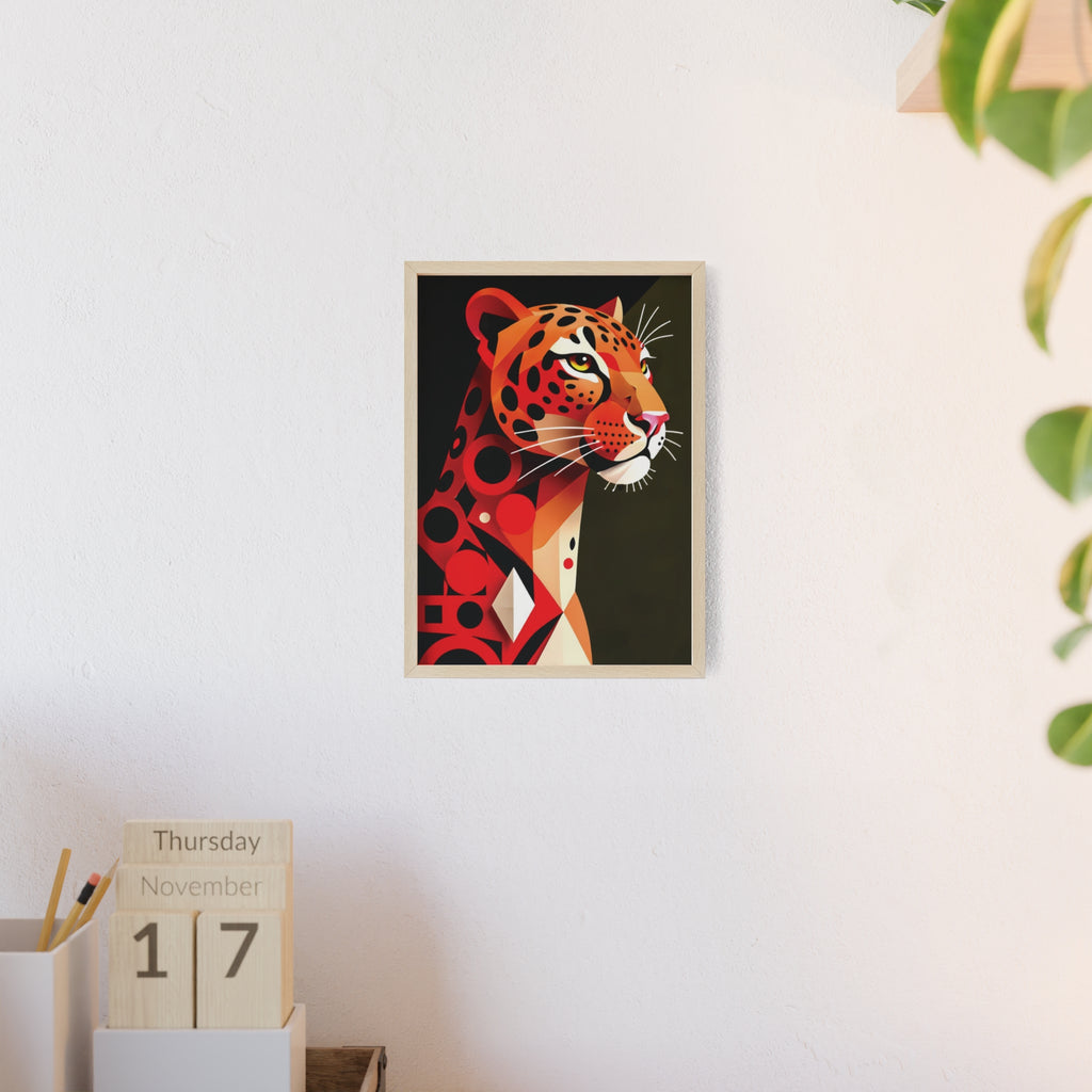 Geometric Leopard Art Poster with Wooden Frame — Bold Wildlife Wall Decor