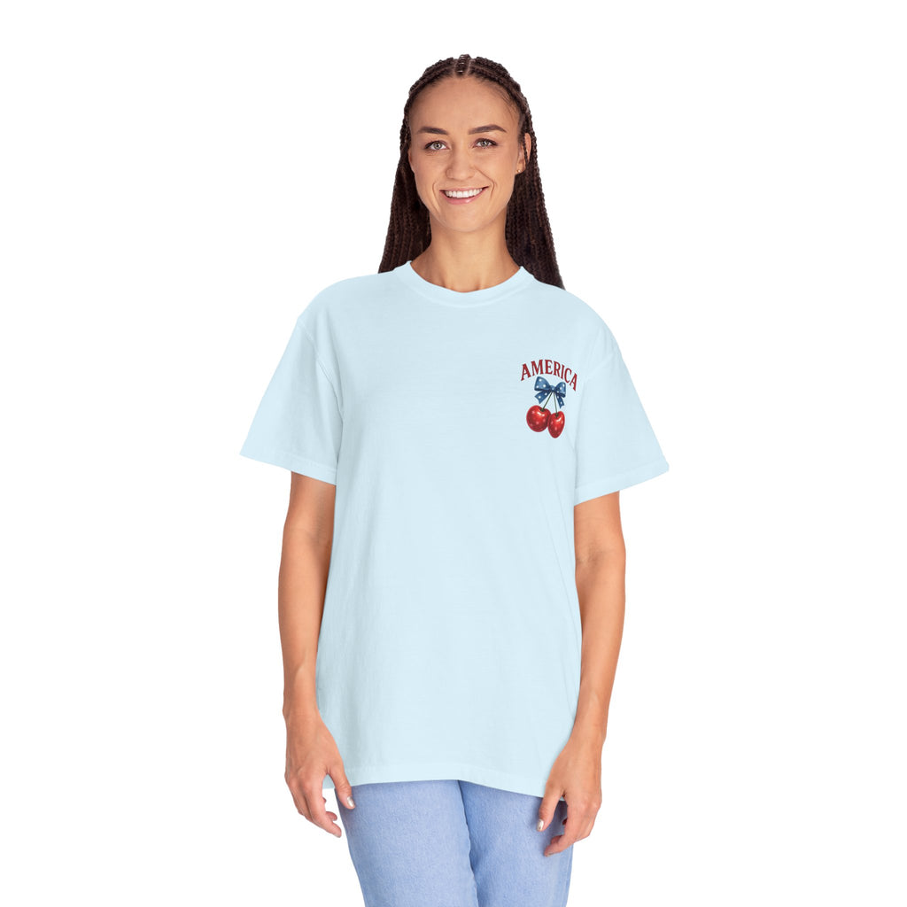 America Cherry Bow T-shirt | Patriotic Stars & Stripes Cherry Design