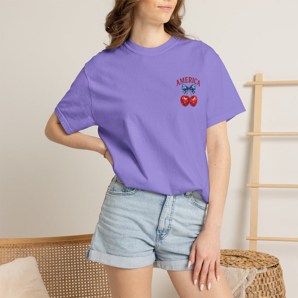 America Cherry Bow T-shirt | Patriotic Stars & Stripes Cherry Design