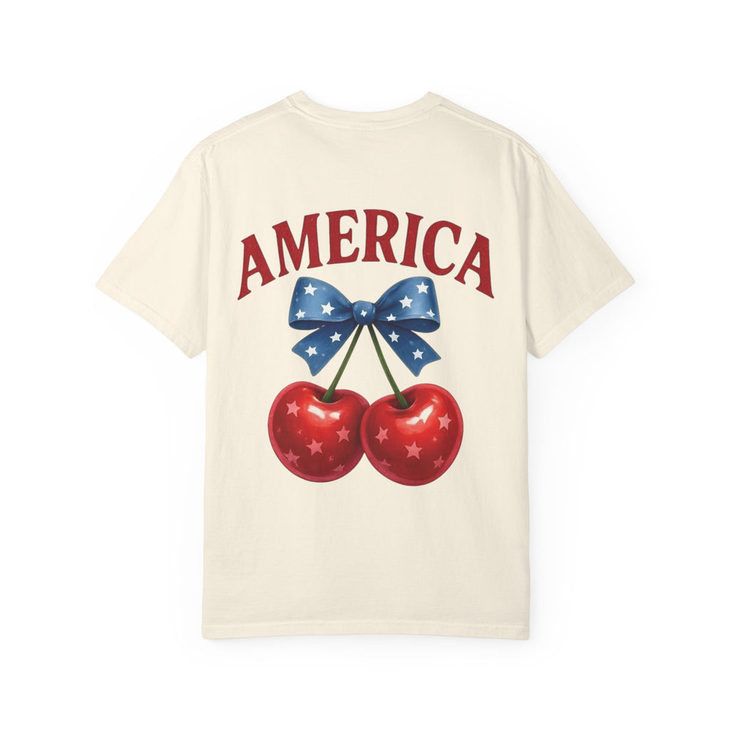 America Cherry Bow T-shirt | Patriotic Stars & Stripes Cherry Design