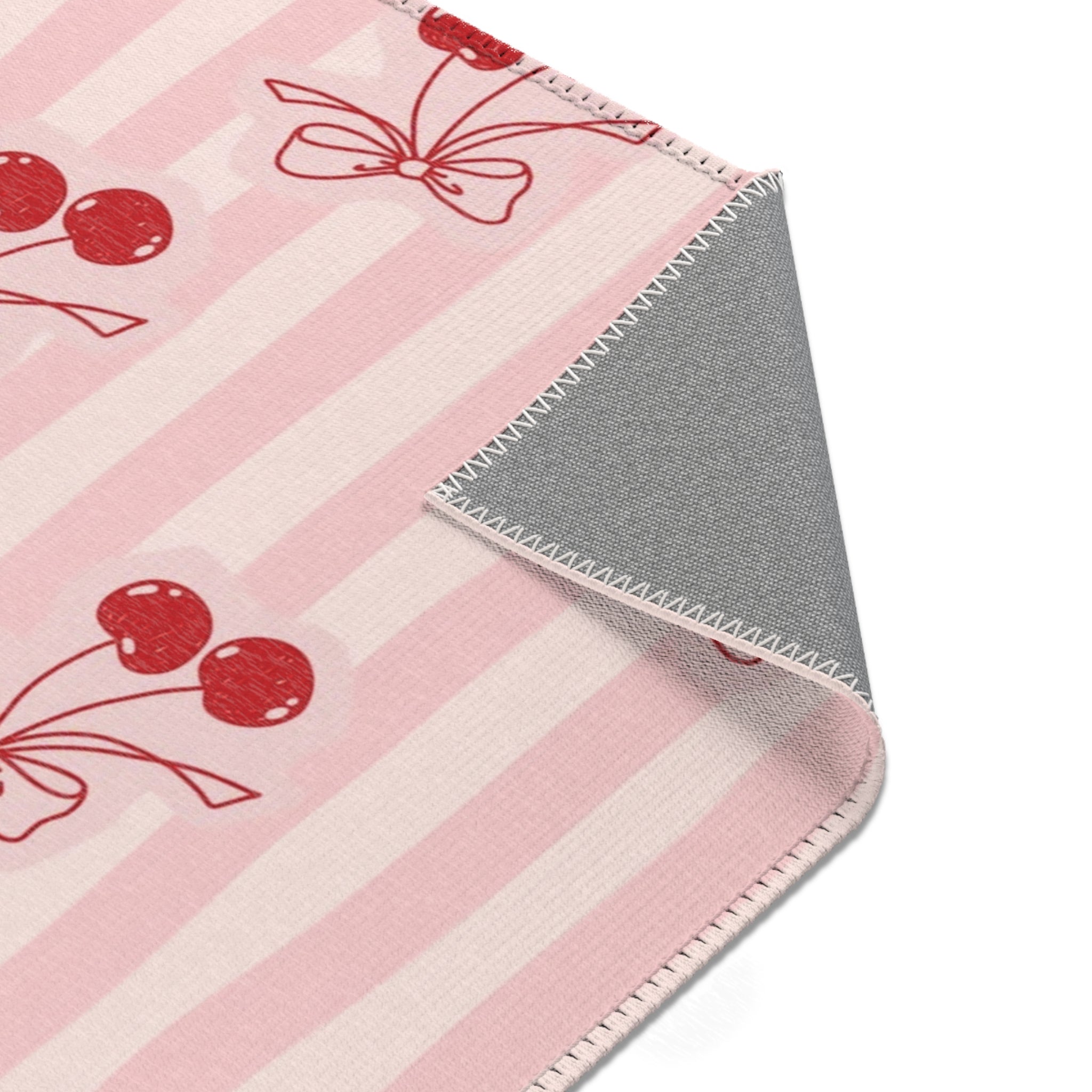 Cherry Bow Area Rug — Pink Striped Cute Kitchen or Nursery Accent Rug