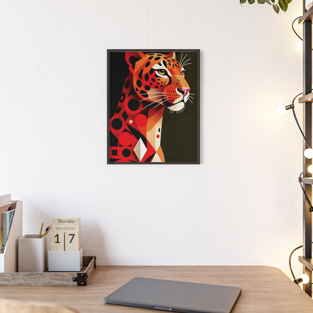Geometric Leopard Art Poster with Wooden Frame — Bold Wildlife Wall Decor