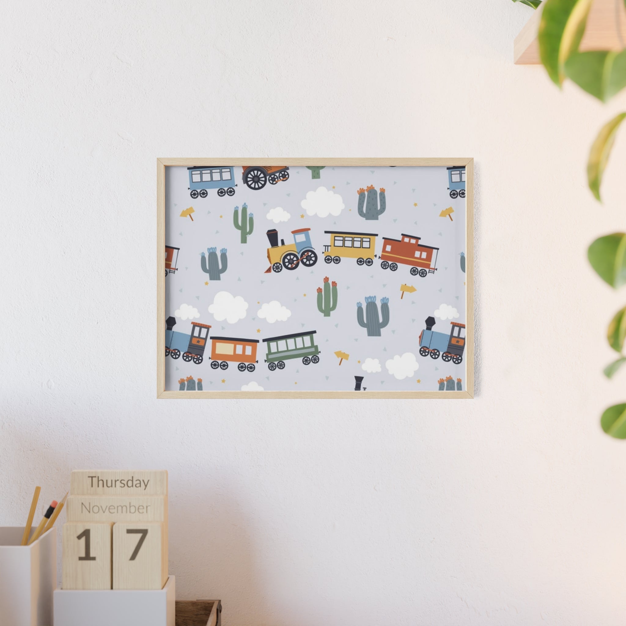 Kids' Train Poster with Wooden Frame — Nursery Wall Art, Playroom Decor