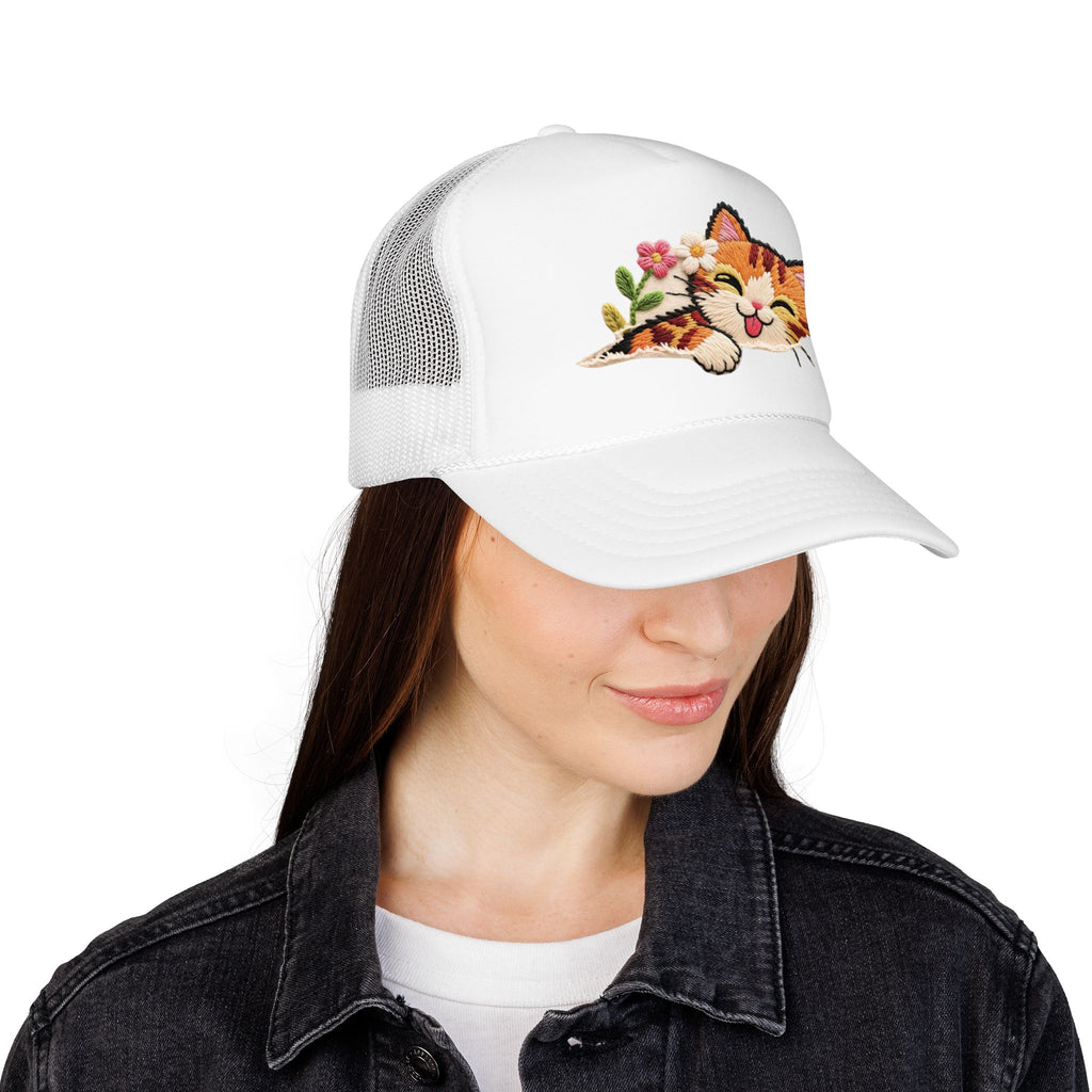 Trucker Hat — Cute Sleeping Calico Cat with Flowers Foam Mesh Cap
