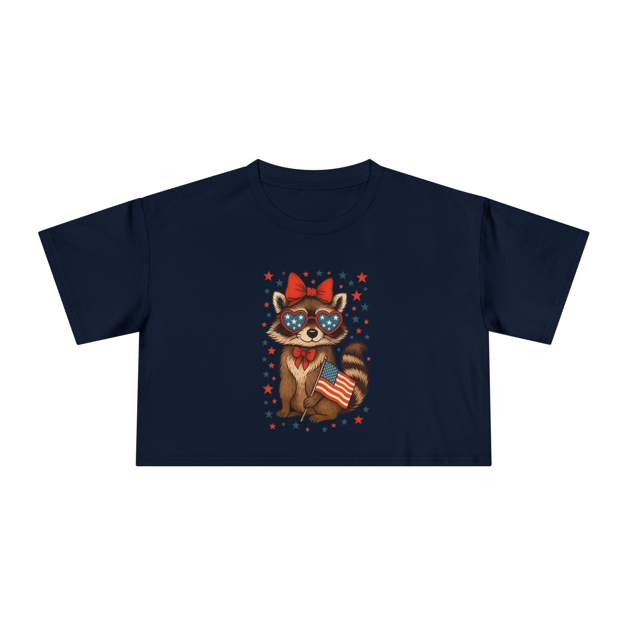 Patriotic Raccoon Heart Crop Tee | 4th of July Stars & Stripes