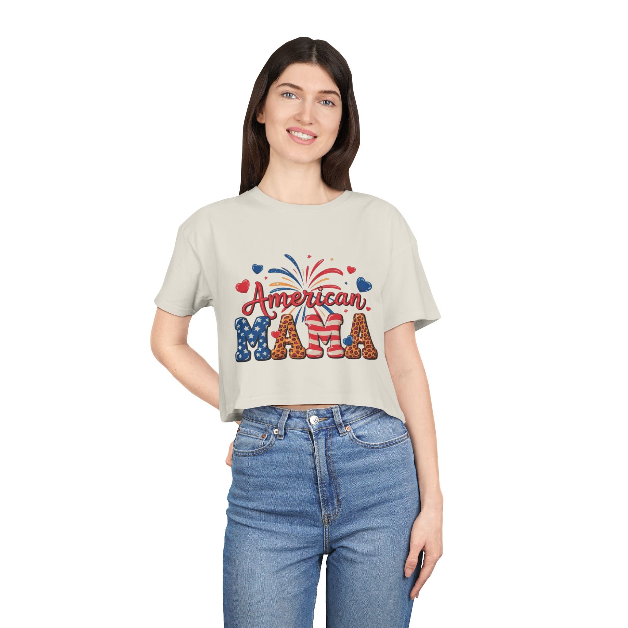 American Mama crop tee | Patriotic Fourth of July fireworks USA design