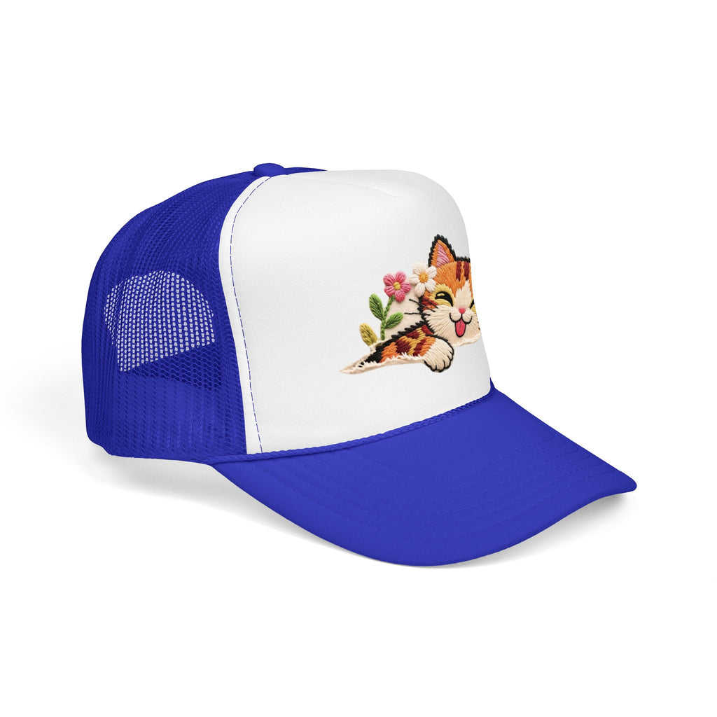 Trucker Hat — Cute Sleeping Calico Cat with Flowers Foam Mesh Cap