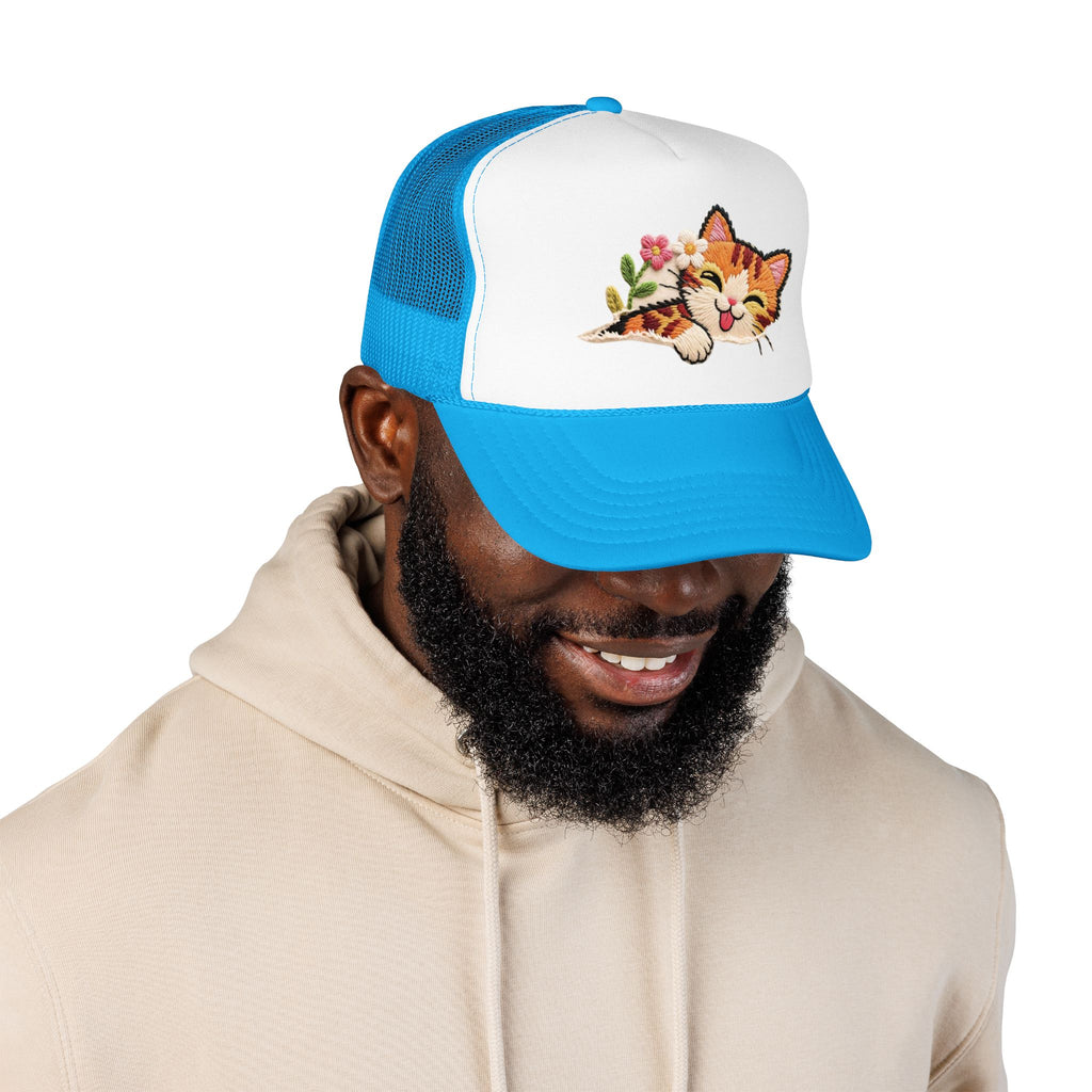 Trucker Hat — Cute Sleeping Calico Cat with Flowers Foam Mesh Cap