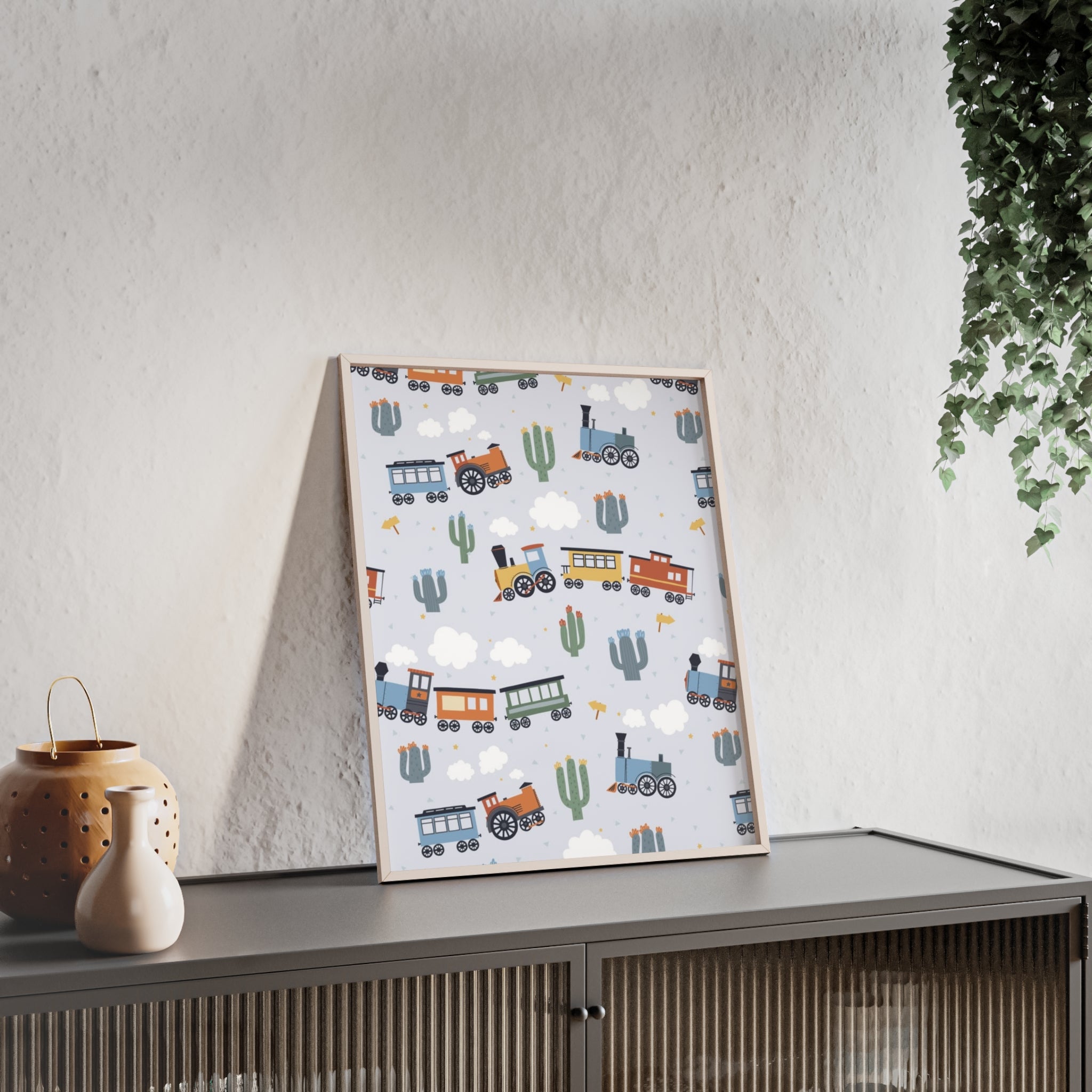 Kids' Train Poster with Wooden Frame — Nursery Wall Art, Playroom Decor