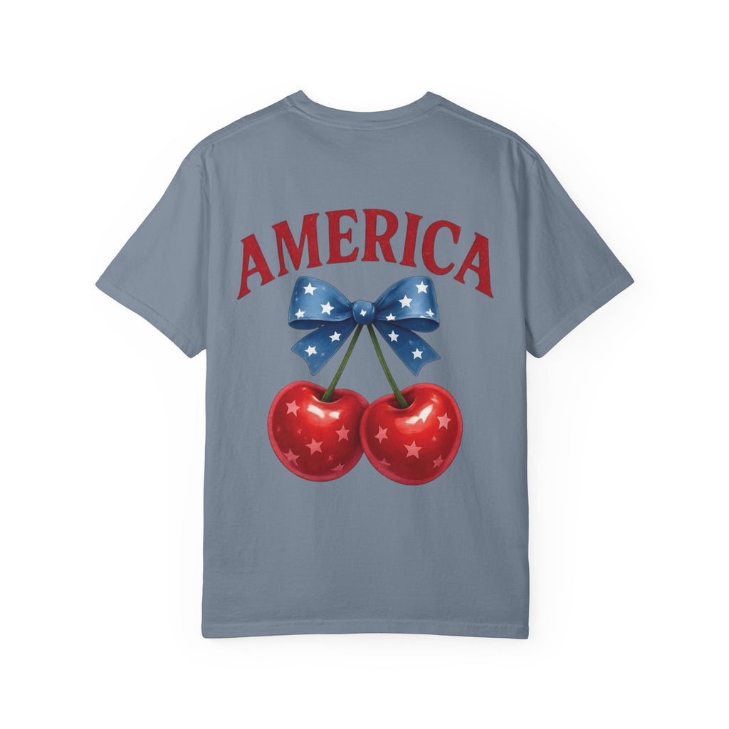 America Cherry Bow T-shirt | Patriotic Stars & Stripes Cherry Design