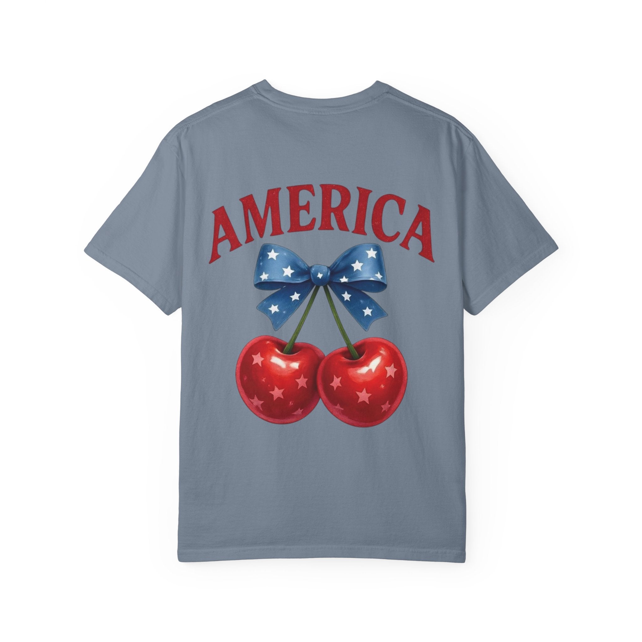 America Cherry Bow T-shirt | Patriotic Stars & Stripes Cherry Design