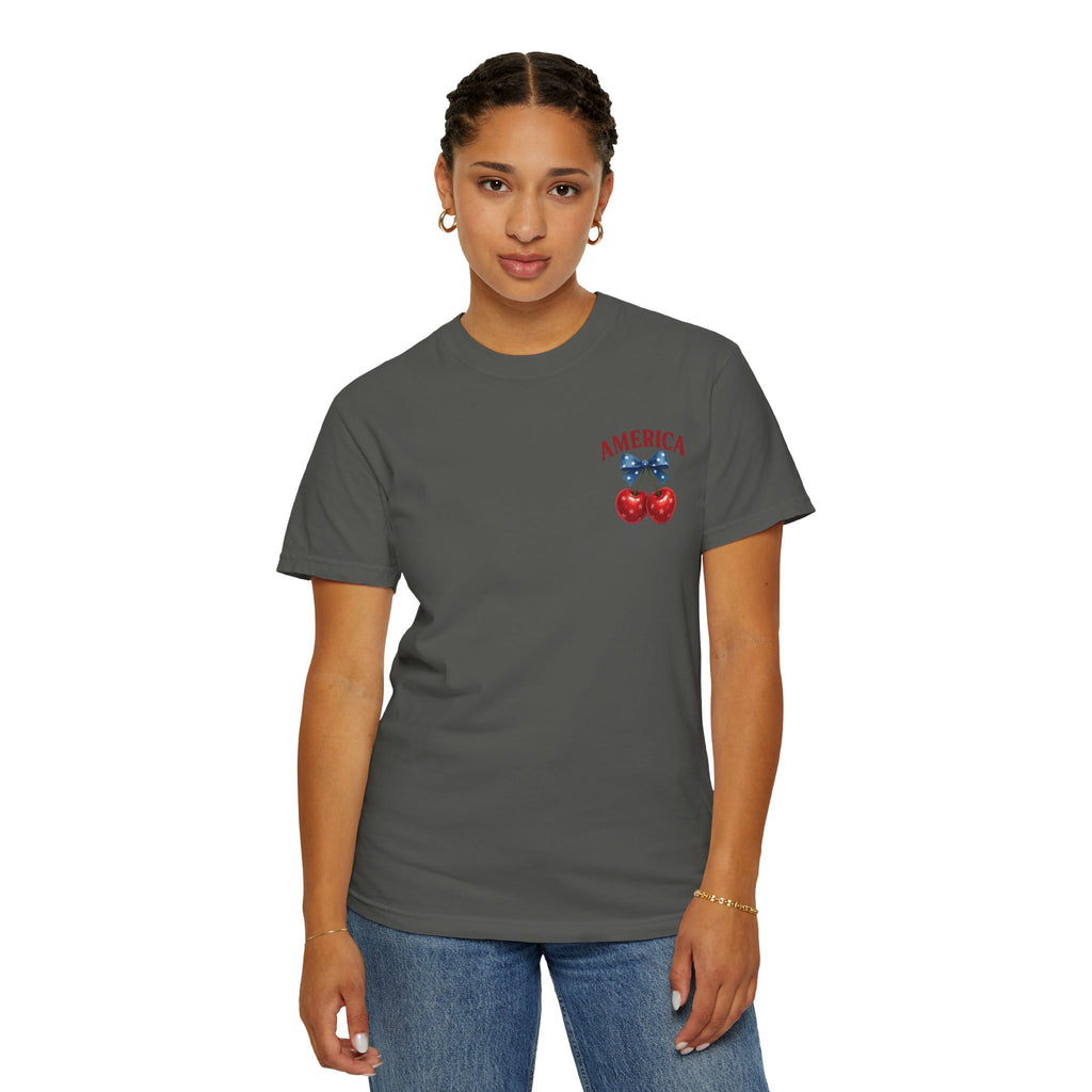 America Cherry Bow T-shirt | Patriotic Stars & Stripes Cherry Design