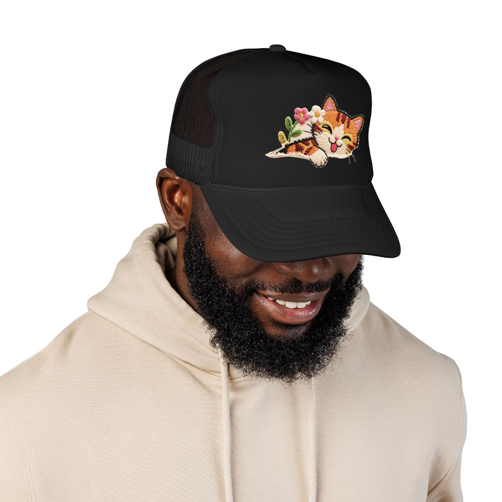 Trucker Hat — Cute Sleeping Calico Cat with Flowers Foam Mesh Cap