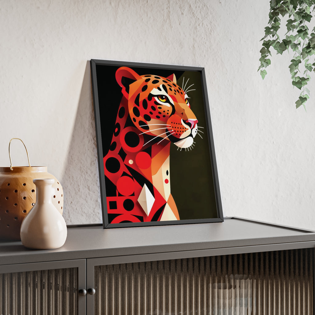 Geometric Leopard Art Poster with Wooden Frame — Bold Wildlife Wall Decor