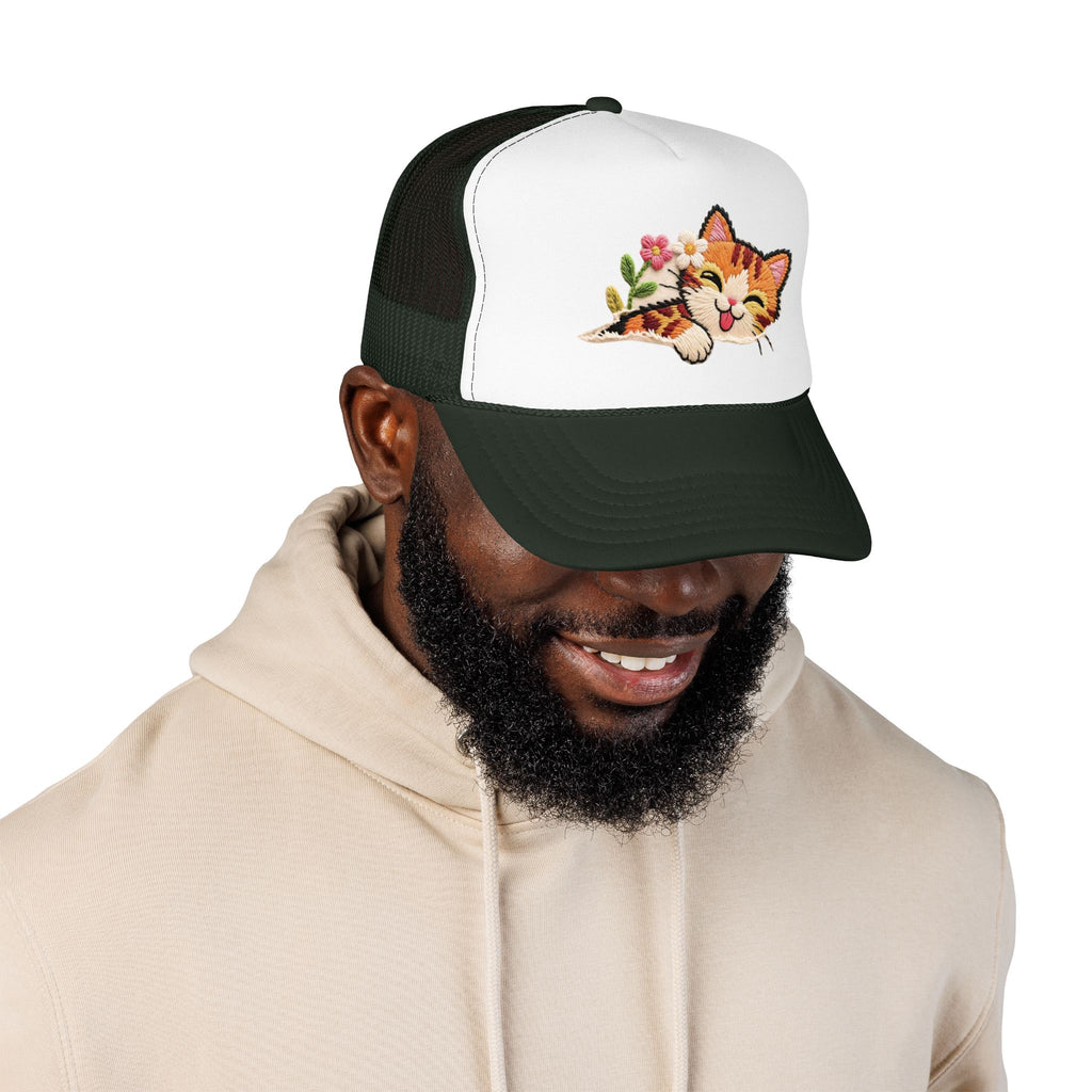 Trucker Hat — Cute Sleeping Calico Cat with Flowers Foam Mesh Cap