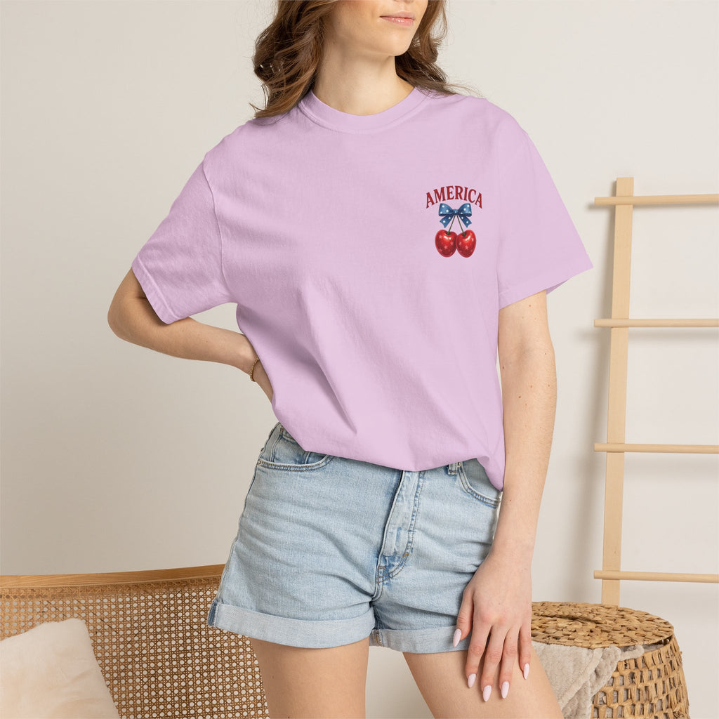 America Cherry Bow T-shirt | Patriotic Stars & Stripes Cherry Design