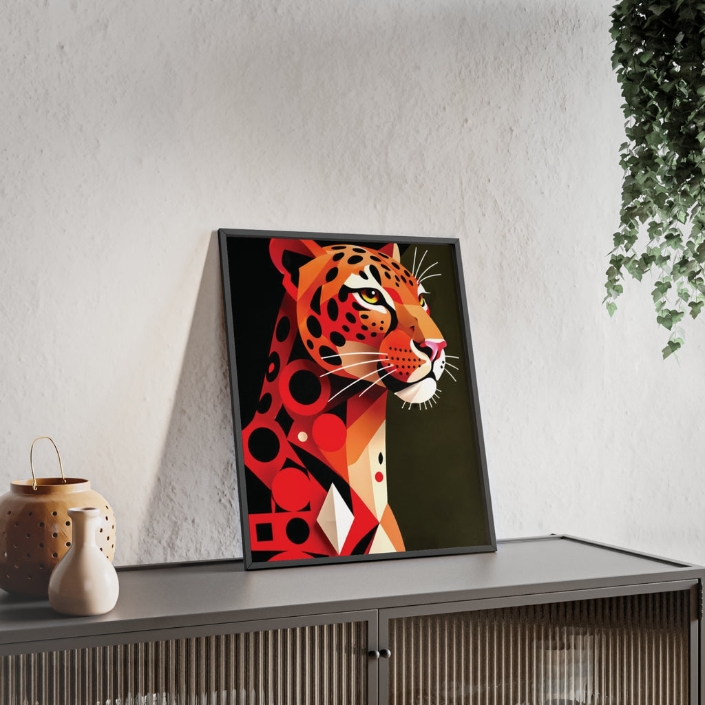Geometric Leopard Art Poster with Wooden Frame — Bold Wildlife Wall Decor