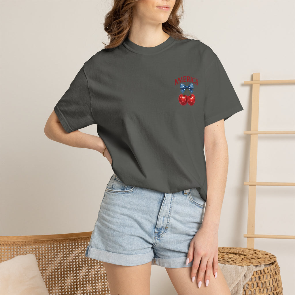 America Cherry Bow T-shirt | Patriotic Stars & Stripes Cherry Design