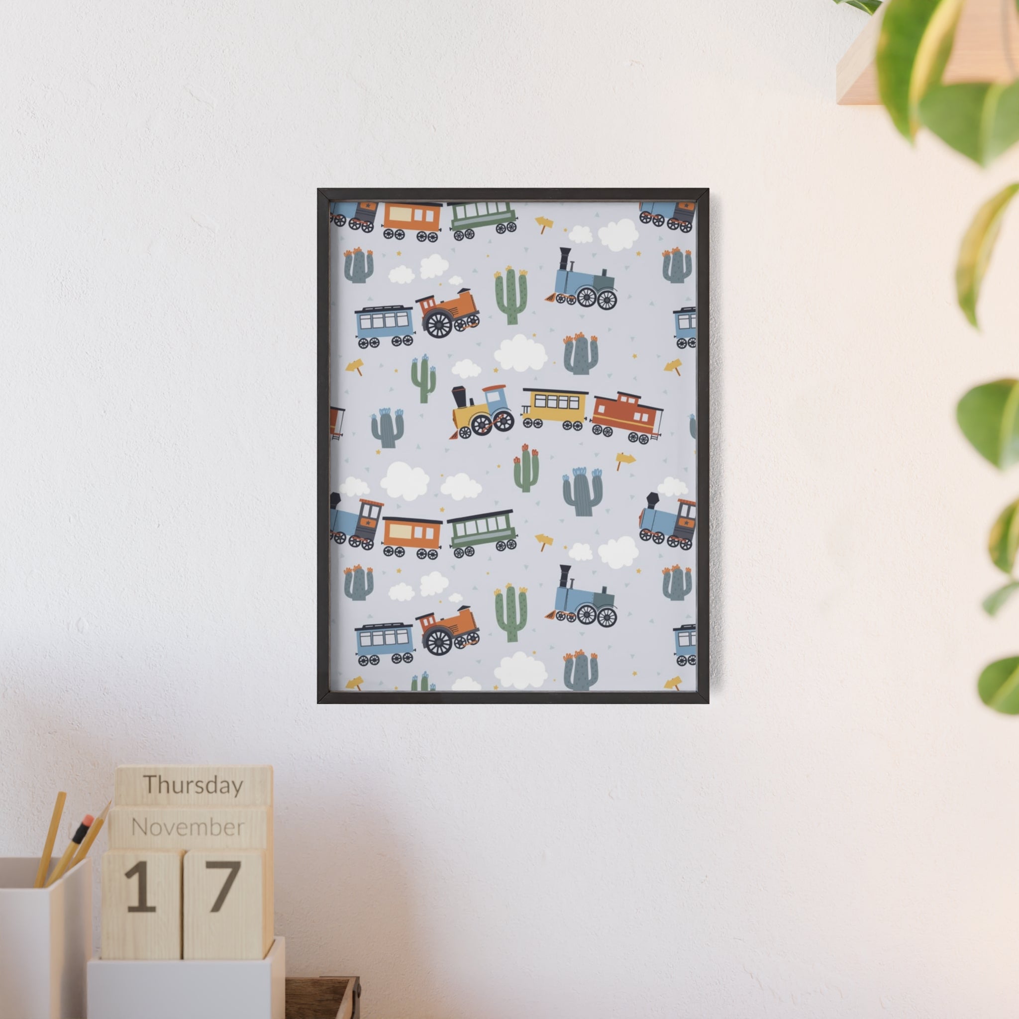 Kids' Train Poster with Wooden Frame — Nursery Wall Art, Playroom Decor