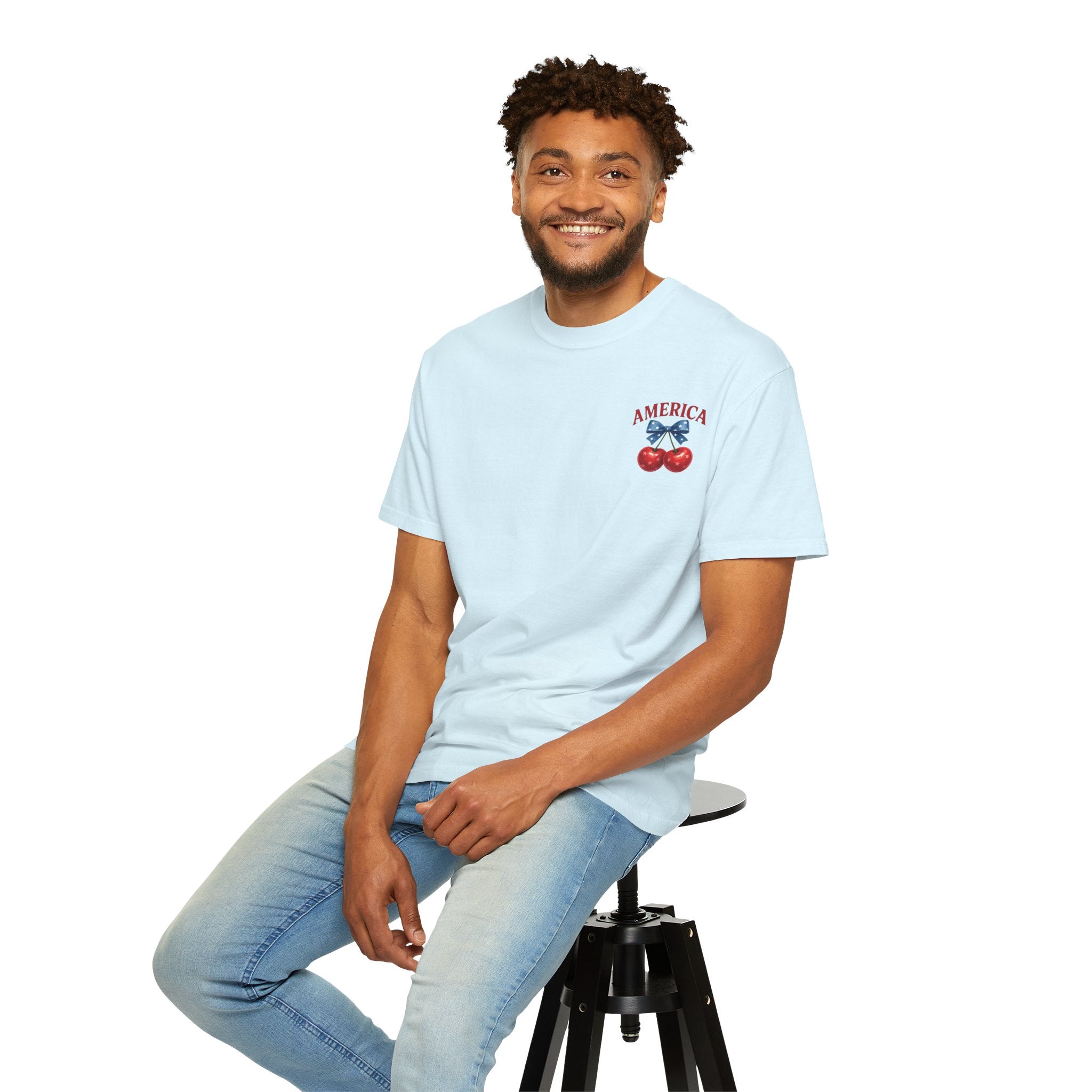 America Cherry Bow T-shirt | Patriotic Stars & Stripes Cherry Design