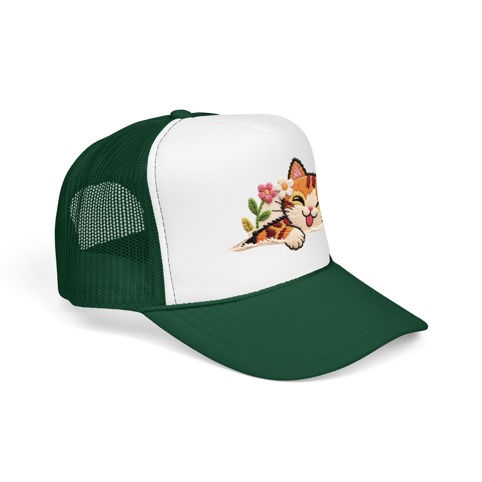 Trucker Hat — Cute Sleeping Calico Cat with Flowers Foam Mesh Cap