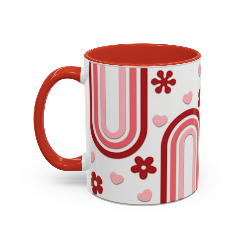 Retro Pink Rainbow Hearts and Flowers Accent Mug | 11oz or 15oz
