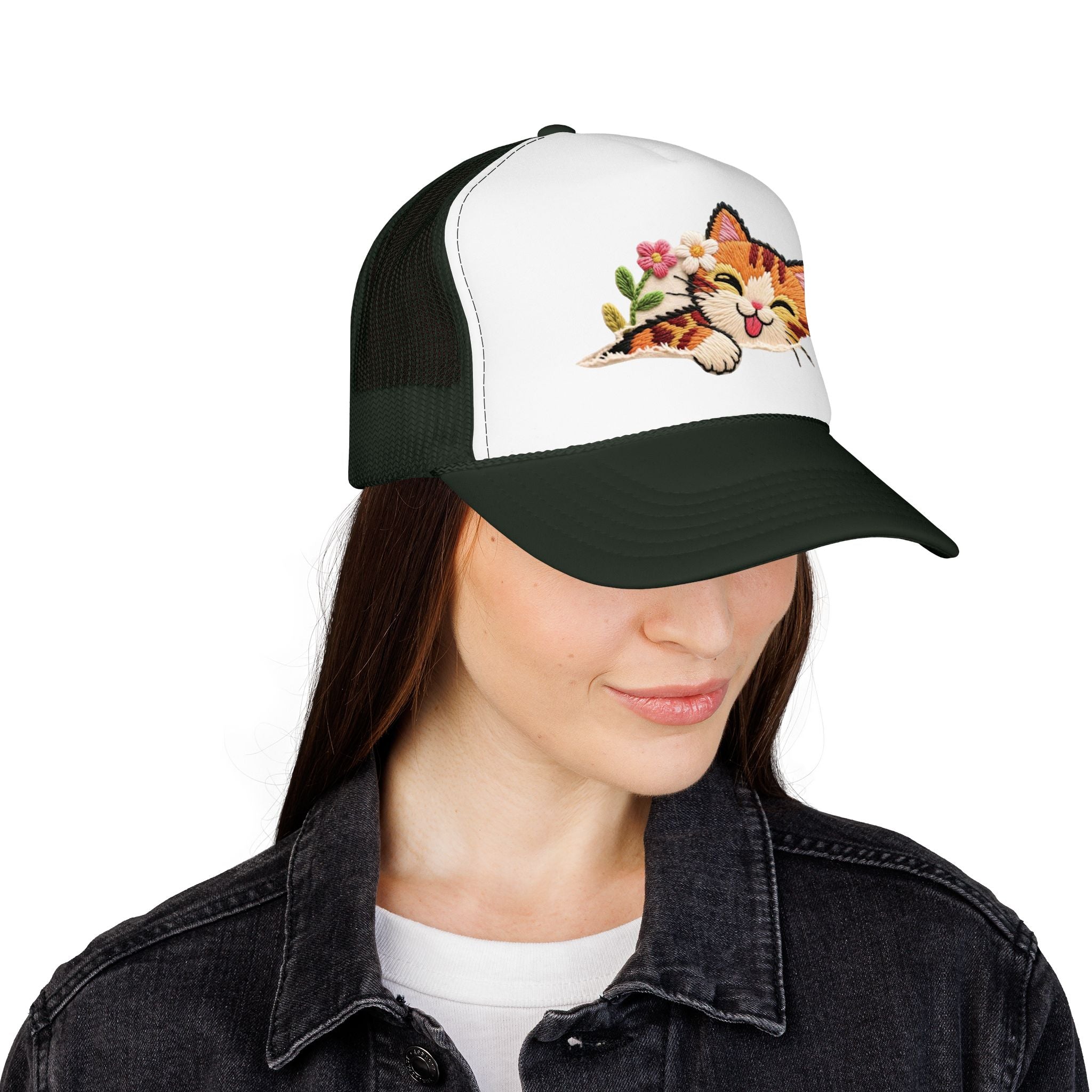 Trucker Hat — Cute Sleeping Calico Cat with Flowers Foam Mesh Cap