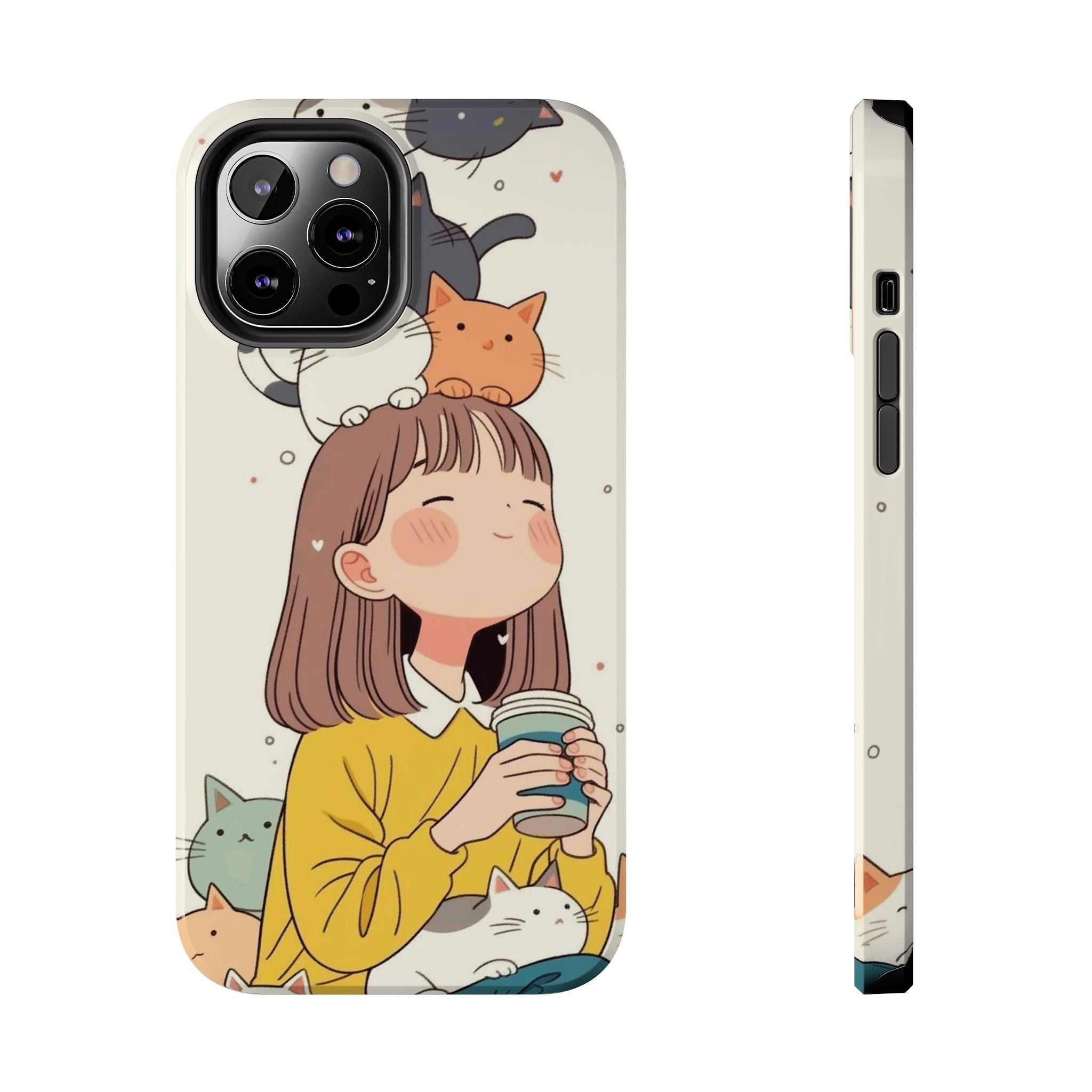 Girl with Cats Phone Case | Cute Cat Stack Illustration