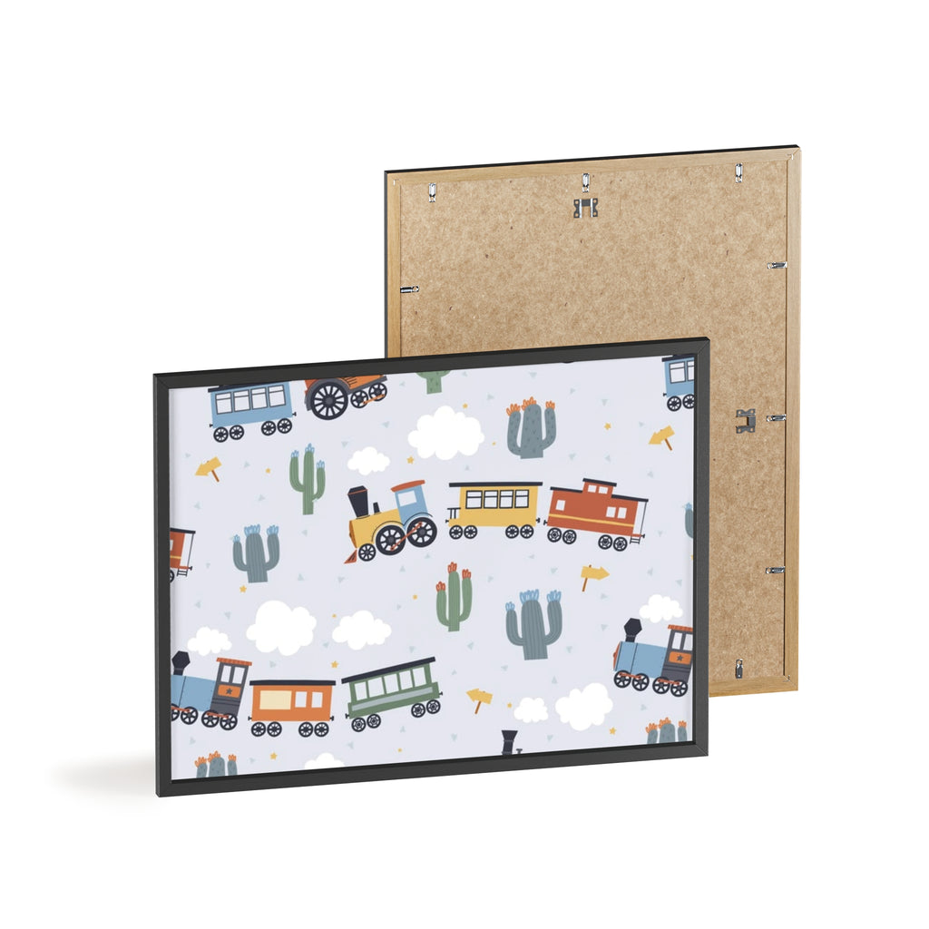 Kids' Train Poster with Wooden Frame — Nursery Wall Art, Playroom Decor