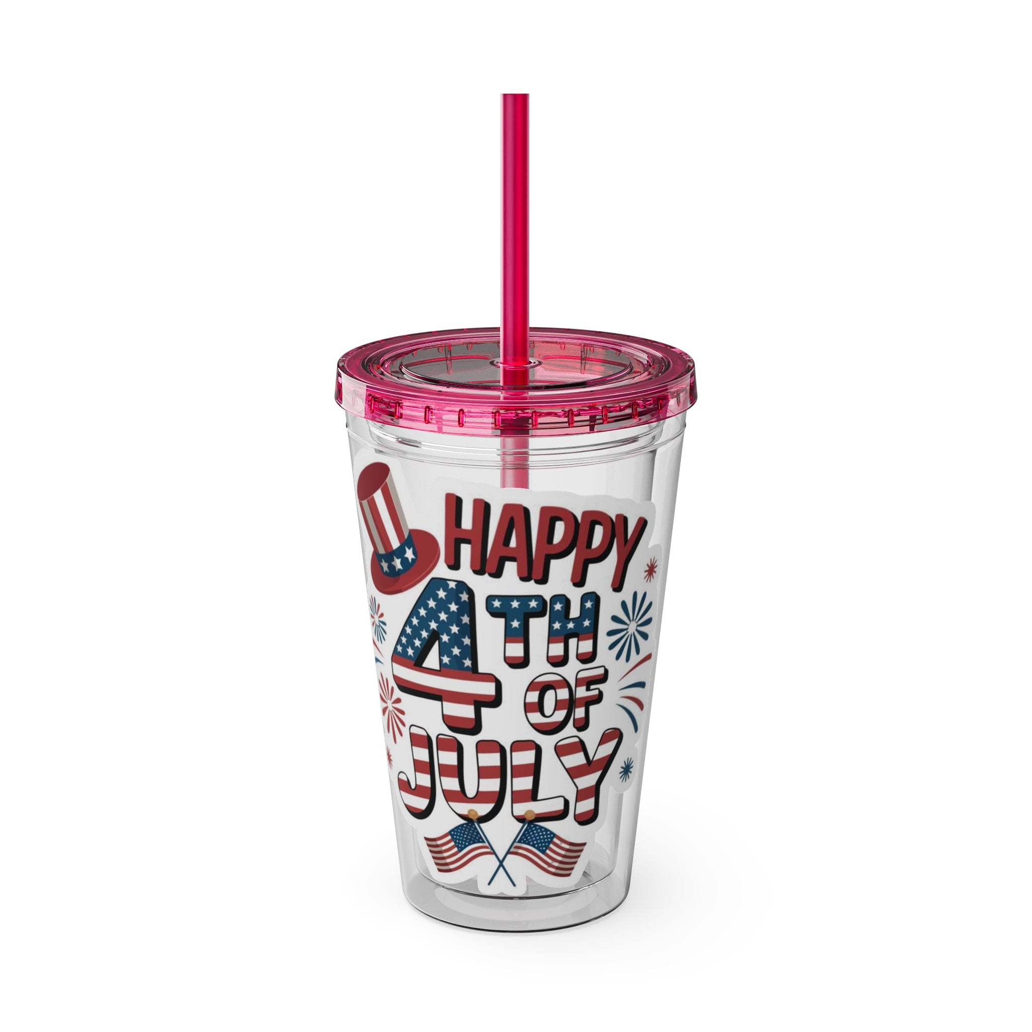 Happy 4th of July Tumbler | 16oz Straw Cup, Patriotic Fireworks Flag Design