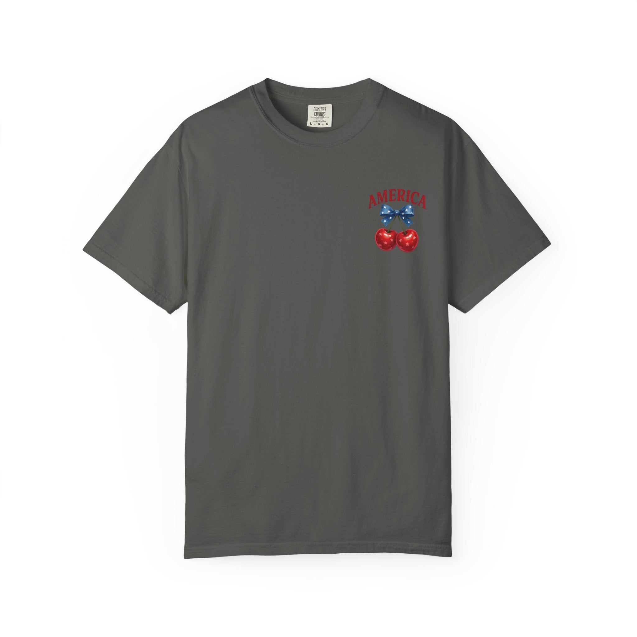 America Cherry Bow T-shirt | Patriotic Stars & Stripes Cherry Design