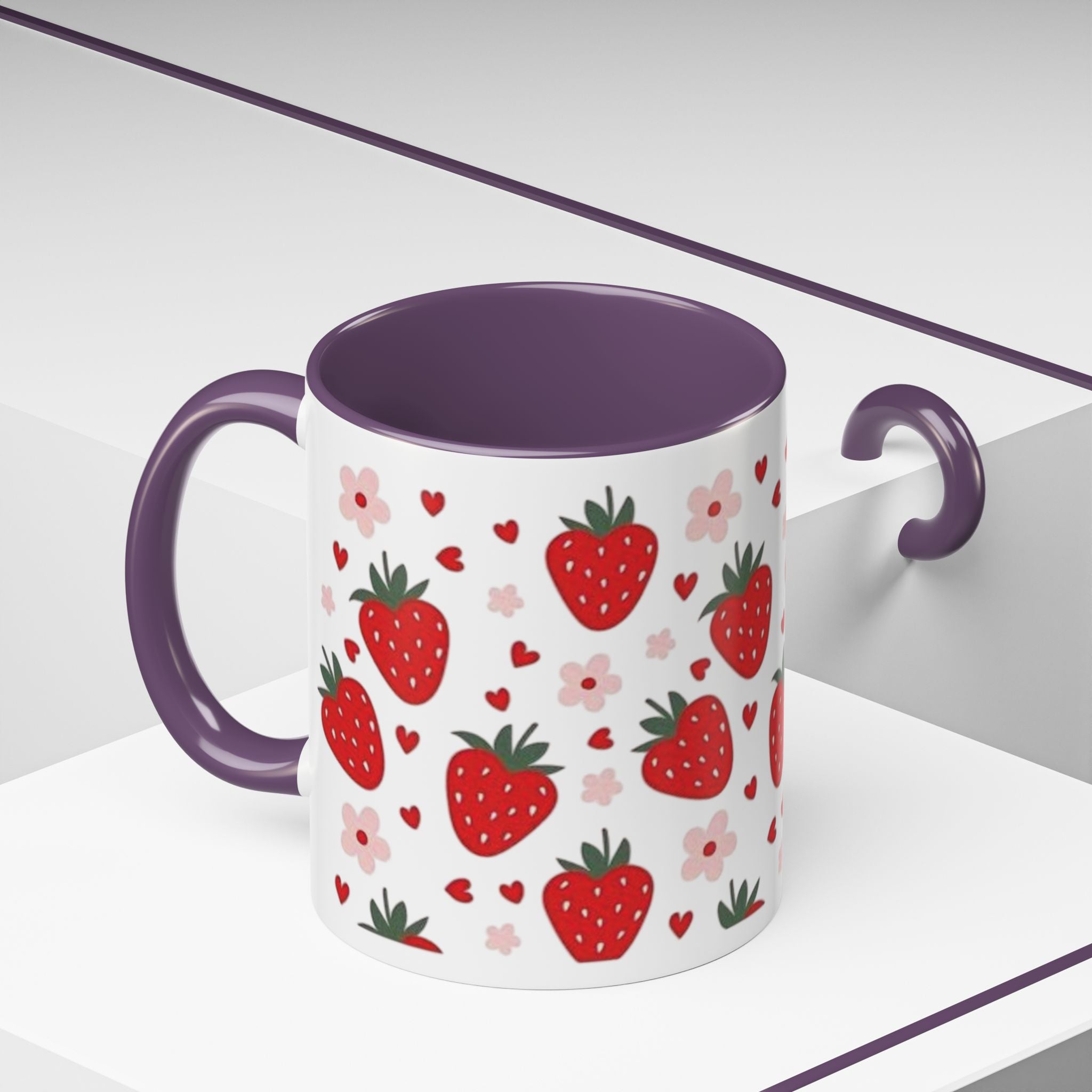 Strawberry Pattern Accent Coffee Mug — Cute Red Berries & Hearts 11/15oz