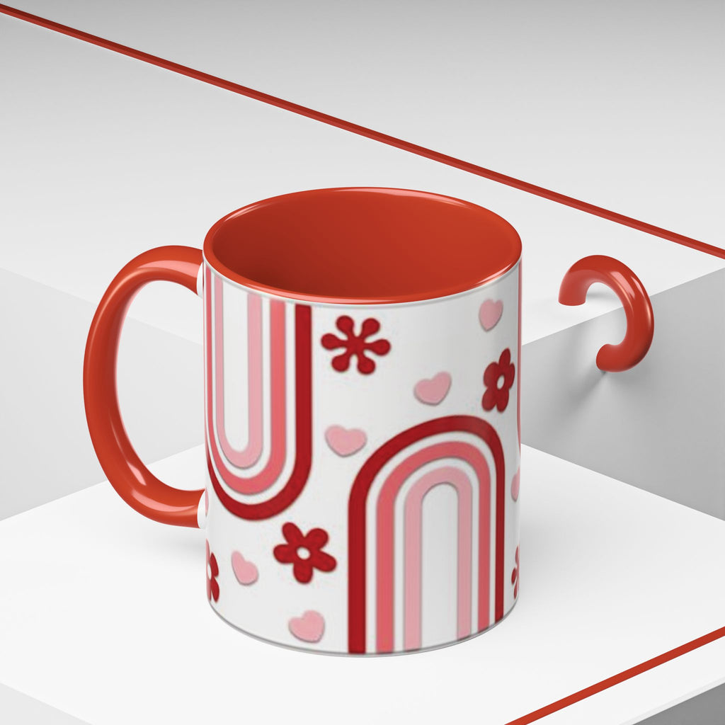 Retro Pink Rainbow Hearts and Flowers Accent Mug | 11oz or 15oz